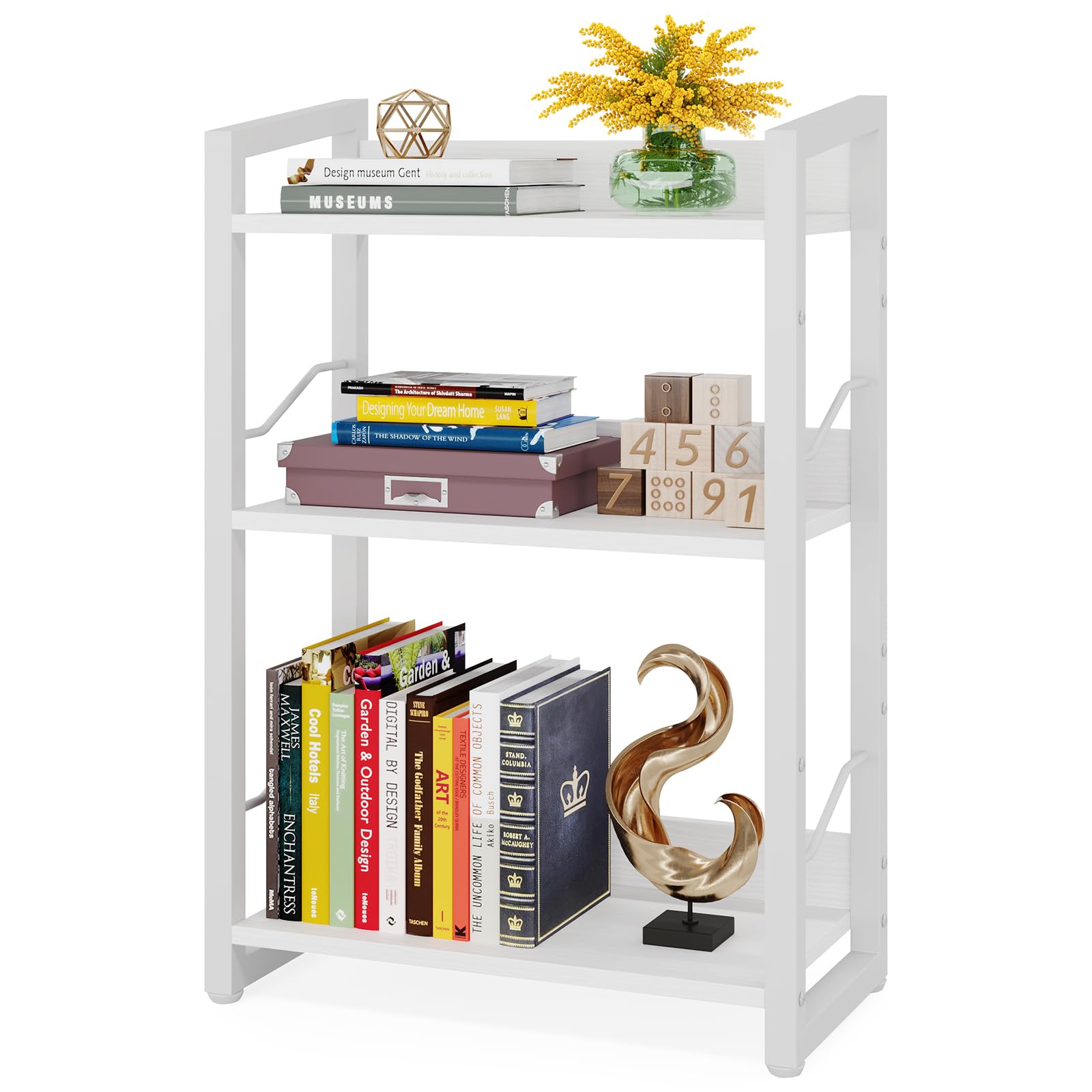 Hosfais Book Shelf Small Bookshelf - 3-Tier Wood Bookcase Industrial Bookshelf Metal Narrow Bookcase Storage Organizer Display Rack for Bedroom Living