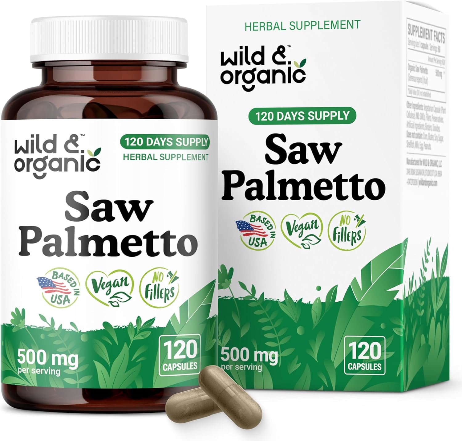 Wild & Organic Saw Palmetto Capsules 500 mg - Urinary Tract Support for Men & Women - Pure Saw Palmetto Supplement - Serenoa Repens Berries - 120 Days of Supply - Vegan, Non-GMO - 120 Count