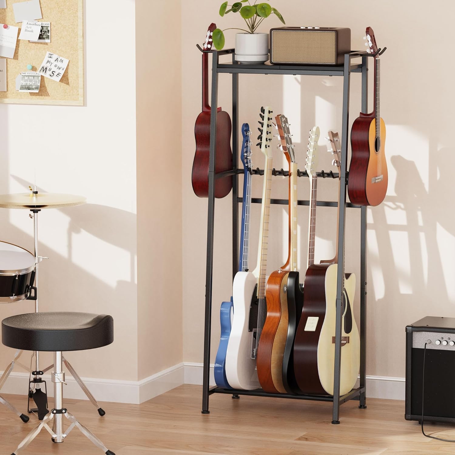 Supporto Chitarra a 2 Livelli per 5 - 7 Strumenti Chitarre Acustica Elettrica Bassi Ukulele Banjo con Ripiano ,multi Rack con imbottitura morbida per più Chitarre e Accessori Musicali