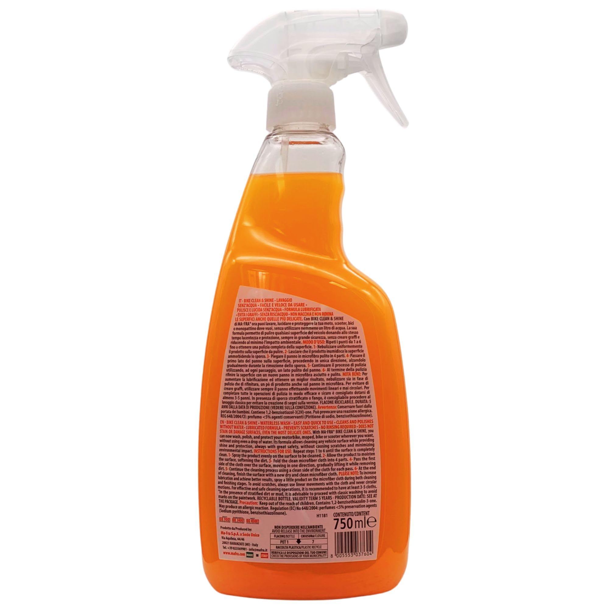 SET: Detergente Spray Lavaggio Senza Acqua BIKE CLEAN & SHINE, Pulisce e Lucida. Formula Lubrificata, Evita i Graffi 750ml + 5 Panni In Microfibra Multiuso. Formato 30x35cm (2xSpray+Panni)