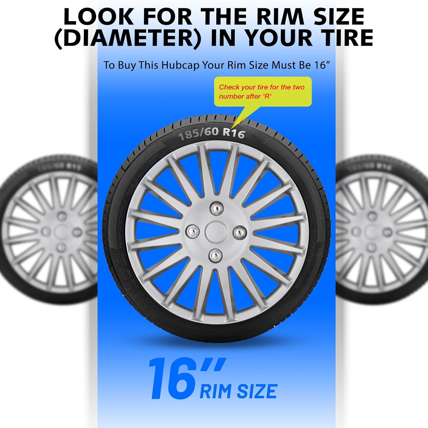 Auto Hubcap Set, R16 Wheel Cover Replacement, 16" Snap On Hubcaps Kit, Universal Wheel Covers Fits Most of Cars 16inch Sliver