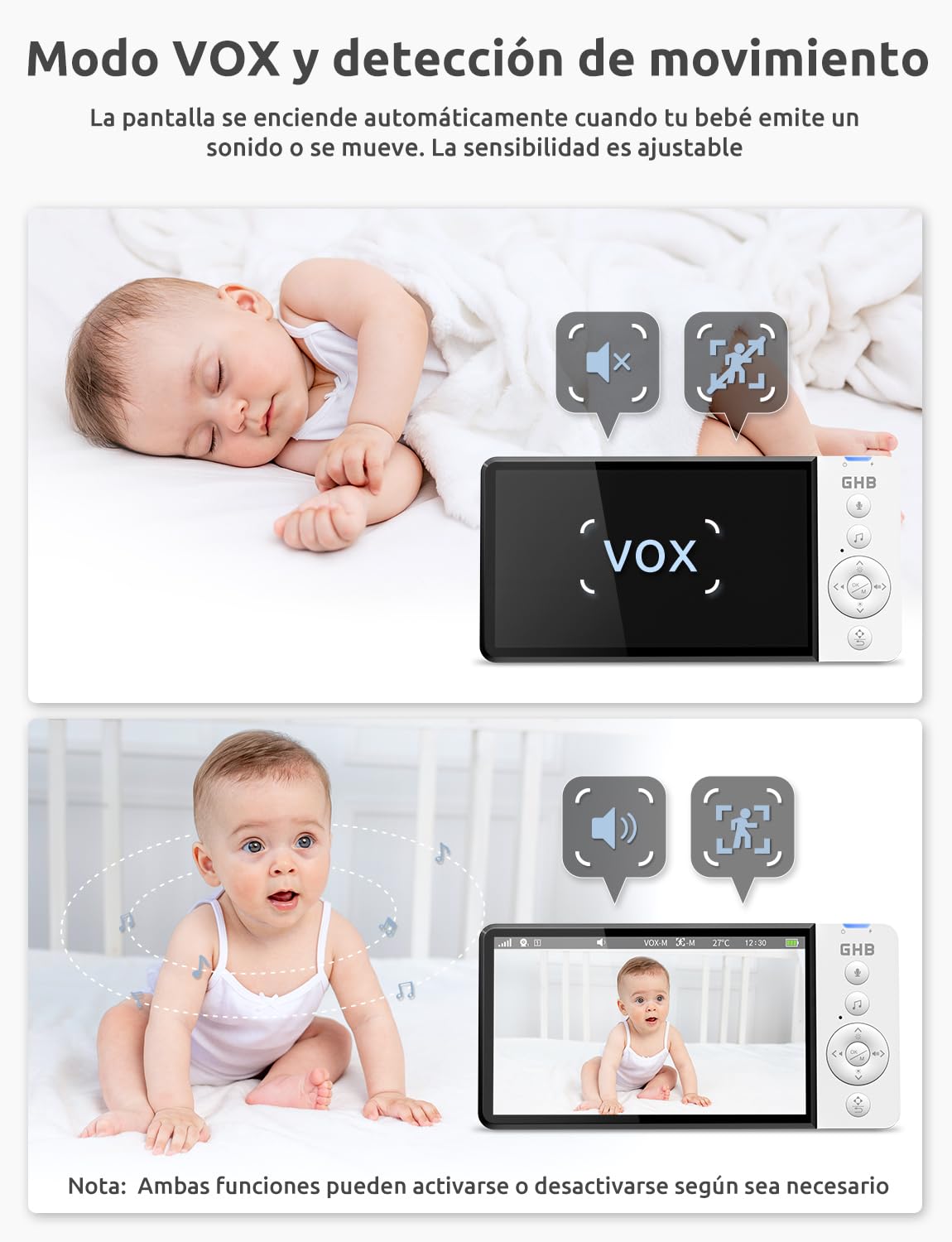 GHB Camara Vigilancia Bebe 5" 720P HD IPS Rotación de 350° Duración 7X 24 Horas Vigilabebes con Camara Visión Nocturna Comunicación Bidireccional Escucha Bebes VOX 4xZoom