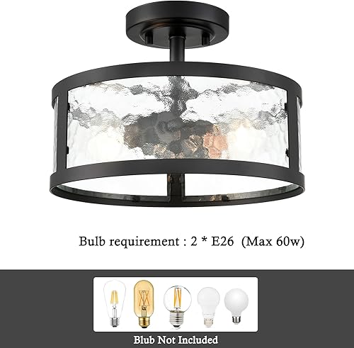 Miniatura 4 de Lámpara de techo semiempotrada de estilo casa de campo, accesorios de luz negra, 2 luces con vidrio martillado para dormitorio, cocina, baño, entrada