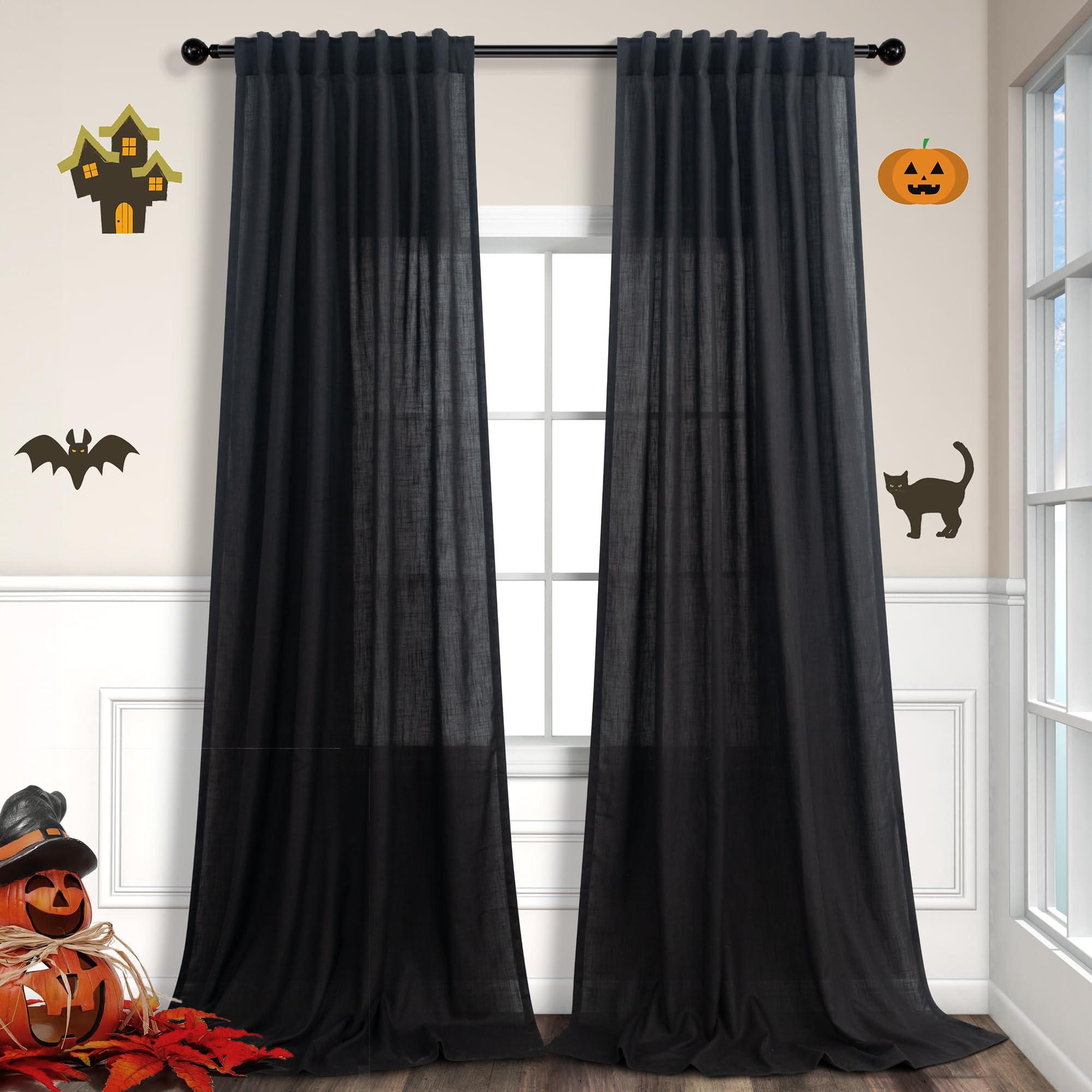 Pitalk Black Extra Long Curtains 120 Inches Long for Living Room 2 Panels Rod Pocket Back Tab Draperies Semi Privacy Light Filter Curtains for Patio