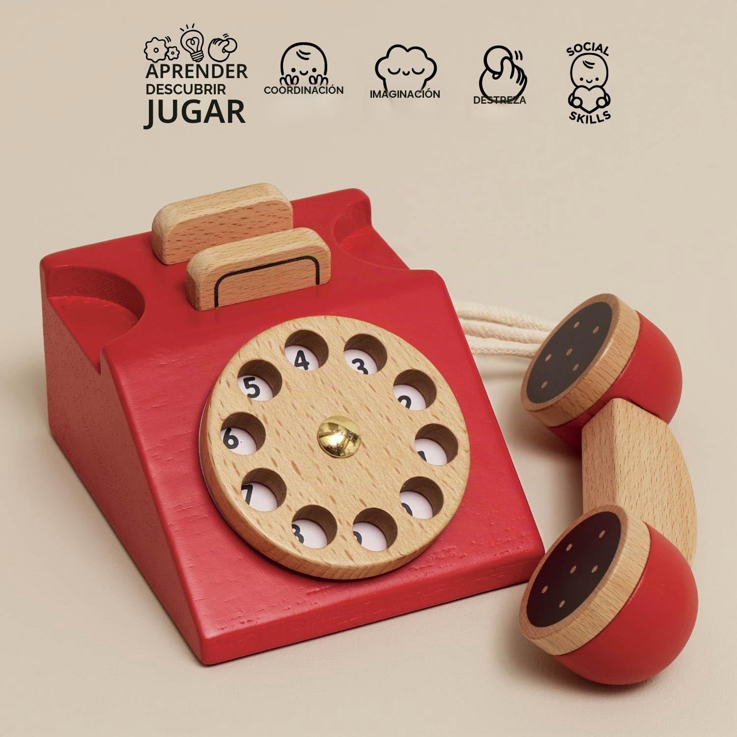 Le Toy Van - TV323 - Juego Educativo de teléfono de Juguete para niños de 3 años, teléfono de Disco Antiguo en Madera Natural certificada FSC y Colores a Base de Agua, Timbre Incluido