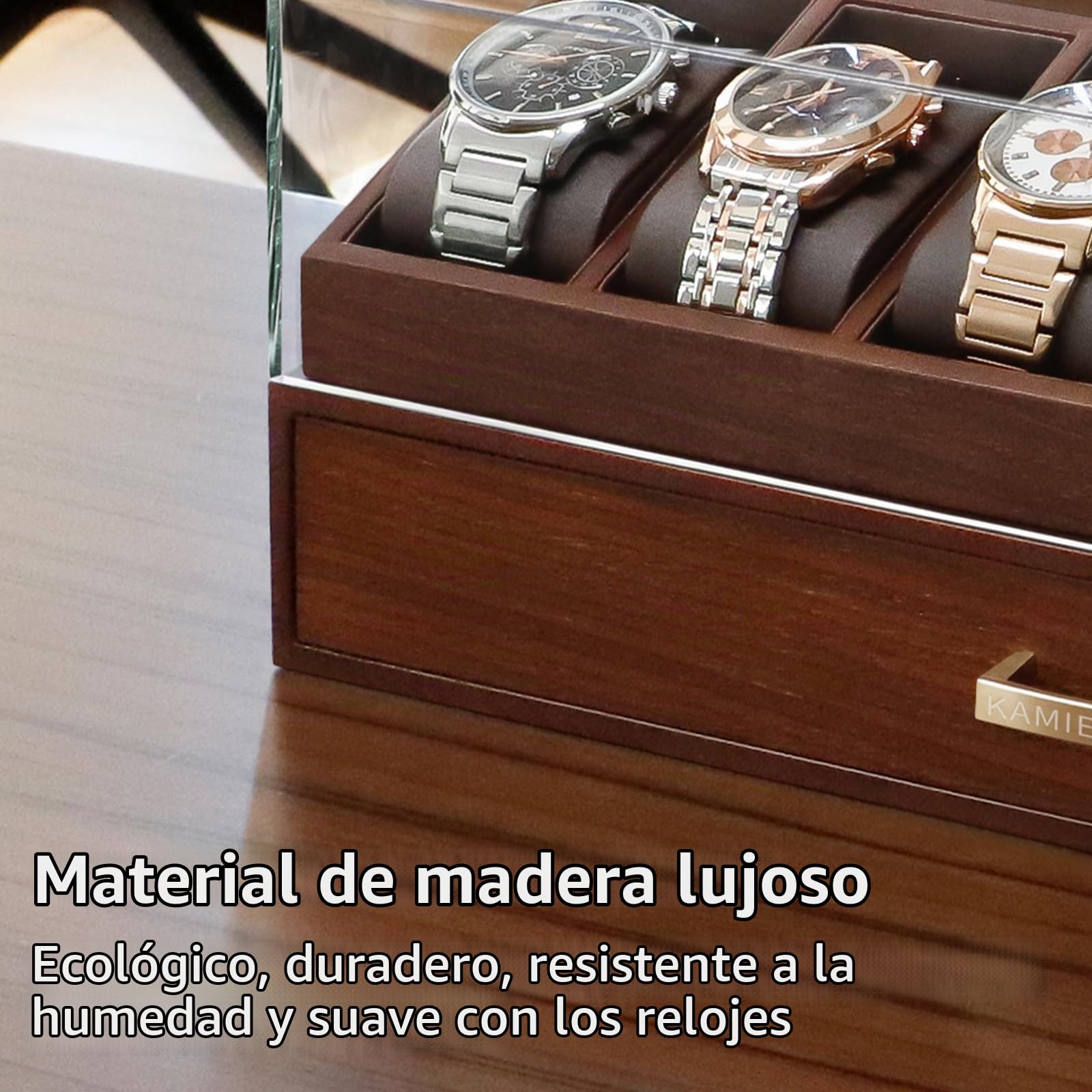 KAMIER Caja de Relojes de Madera para Hombre 6 Unidades, Expositor con Tapa de Vidrio Acrílico y Cajón, Estuche Joyero y Organizador de 2 Niveles - Nogal