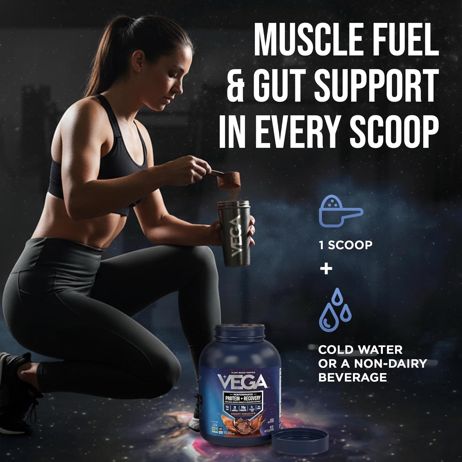 Vega Protein + Recovery, Chocolate – 30g Vegan Protein, Dairy & Gluten Free, Probiotics, NSF Certified, 4.4 lbs (45 Servings)