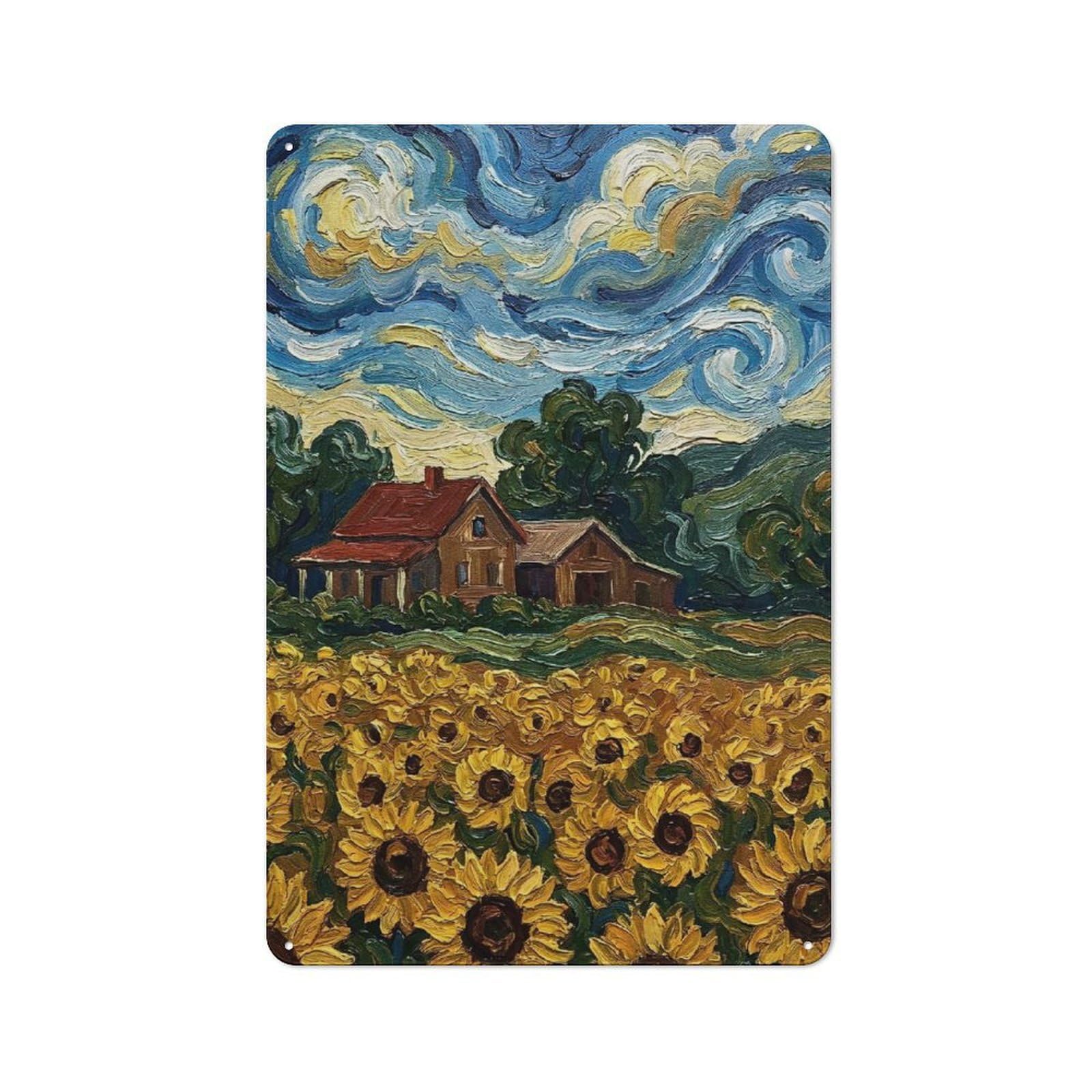 Junmoney Style-16 Sunflower Field With House Painting Everyday Metal Wall Decor 30X20cm, Decorative Tin Plaque For Flat, Dorm Room, Lounge Or Cafe