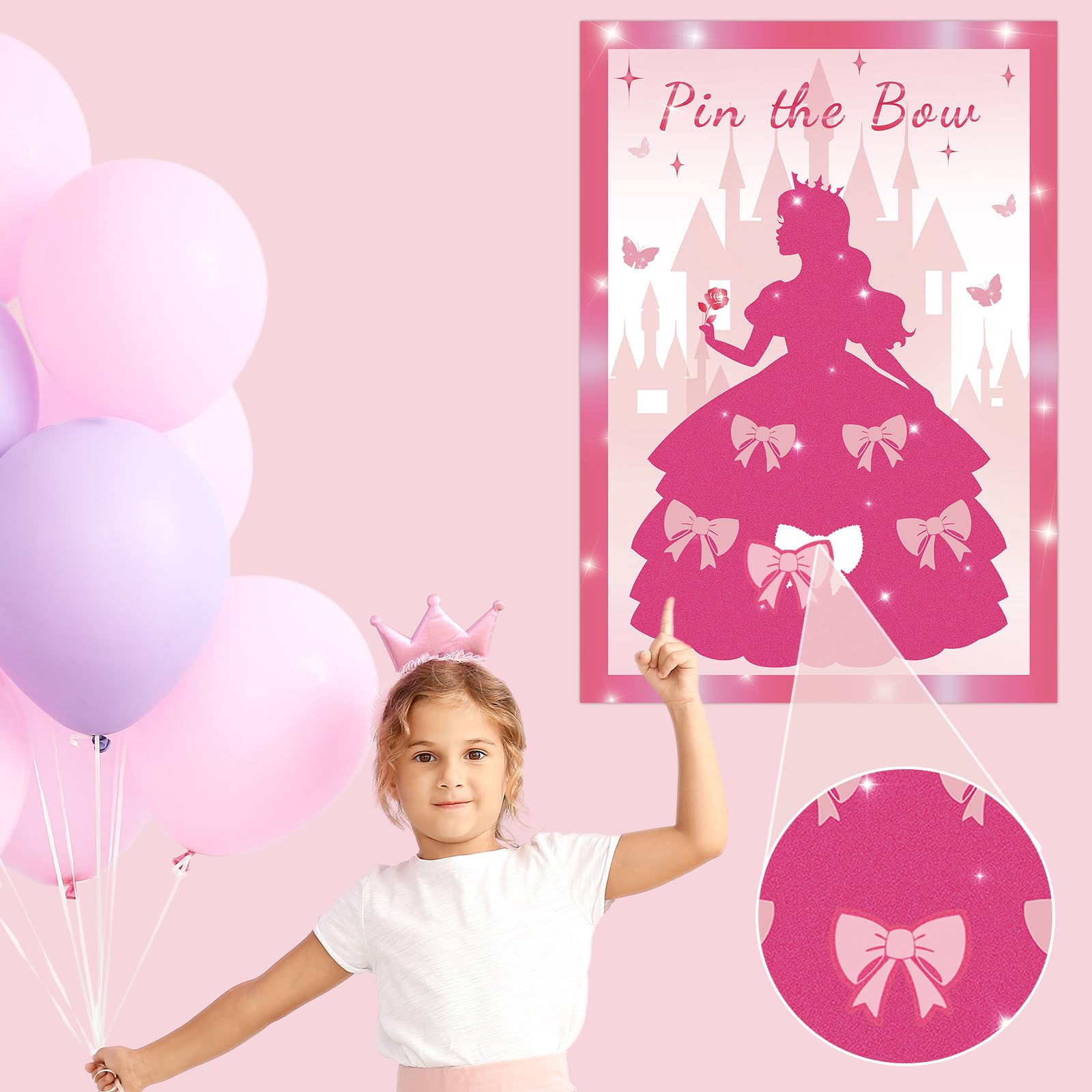 Pin the Bow Partyspiel für Mädchen, Rosa Mädchen Prinzessin Poster mit 24 Schleifen-Aufklebern, Kinder Teens Geburtstag Party Supplies Dekorationen, Sleepover & Dress-Up Aktivität - A2 Poster