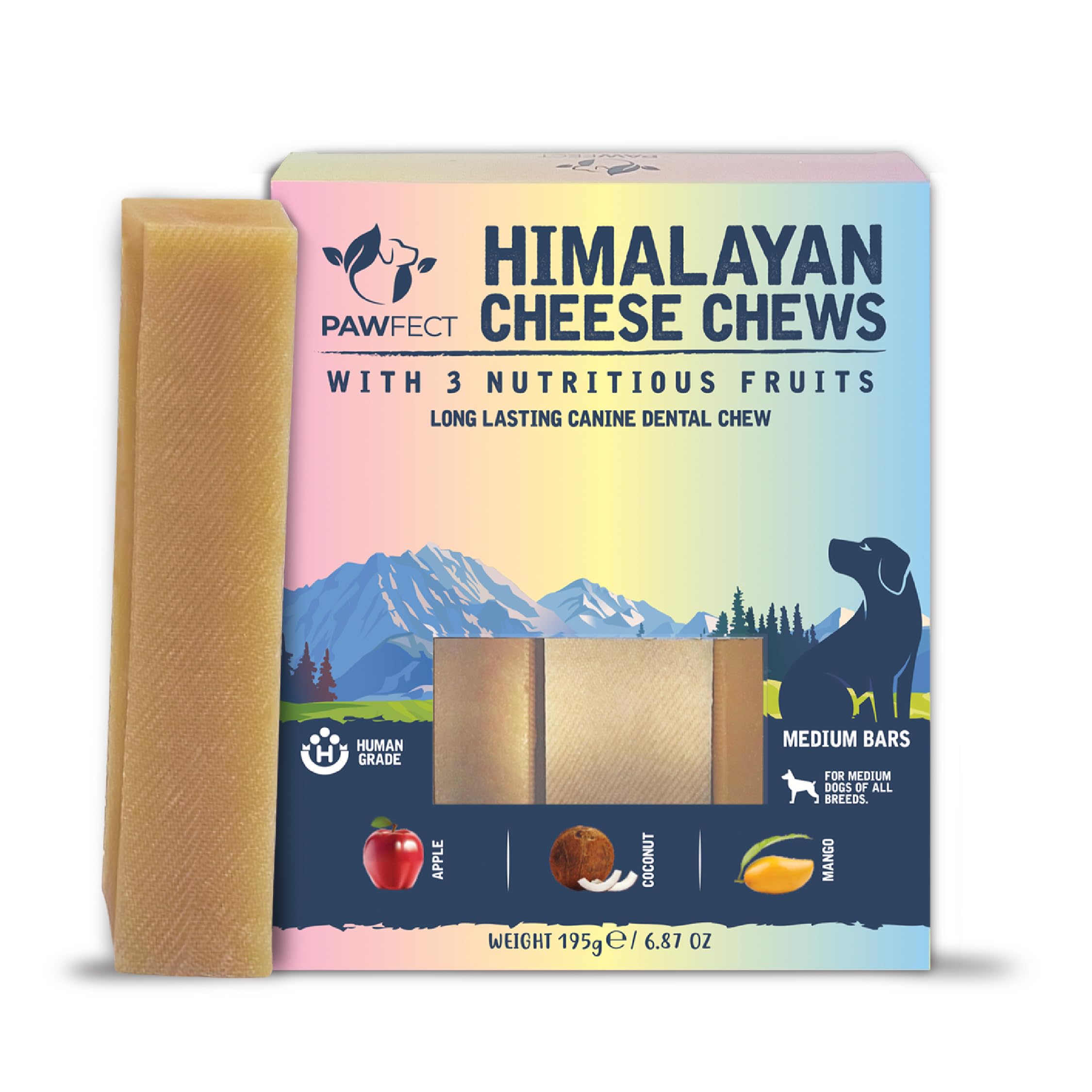 Pawfect Himalayan Yak Cheese Chews with Apple, Mango & Coconut for Medium Dogs - 100% Natural Dental Stick - Rich in Protein & Calcium - Grain-free - Long-lasting Chew - Pack of 3 (195g/6.88oz)