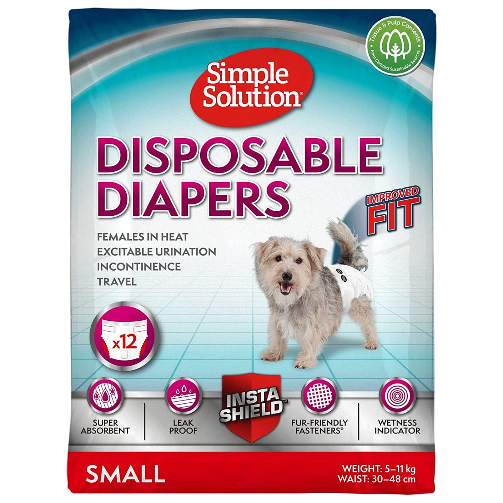 Simple Solution True Fit Disposable Dog Diapers for Female Dogs, Quickly Absorb Liquid for Long Lasting Dryness, Small 30-48cm Waist (12 Pack) (B09CLDMV35) Amazon Price History, Amazon Price Tracker