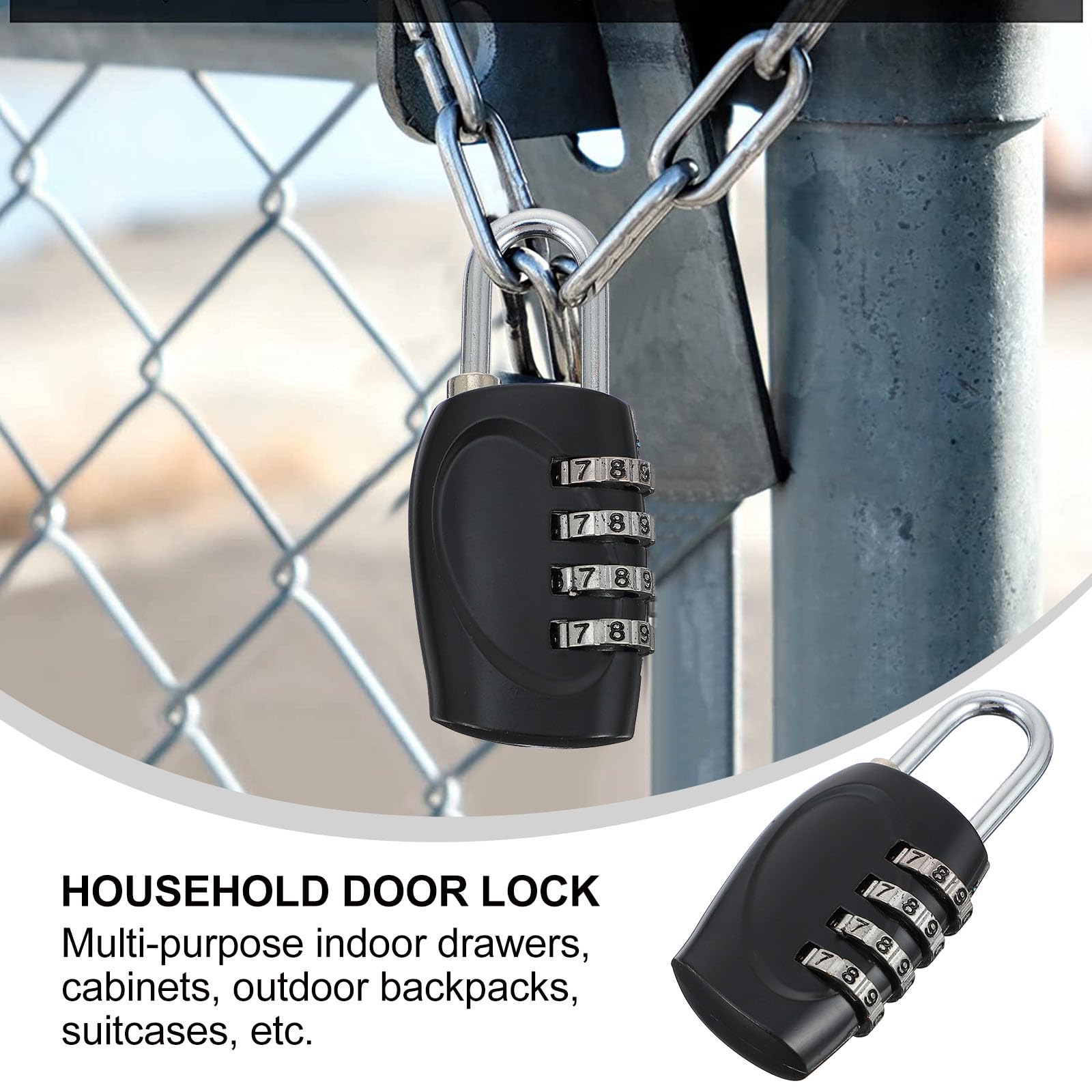 Lot de 6 cadenas à combinaison à 4 chiffres pour l'extérieur, serrure de porte, serrure de valise, serrure de voyage pour l'école, la gym, le sport, casier, clôture, boîte à outils, étui, moraillon de