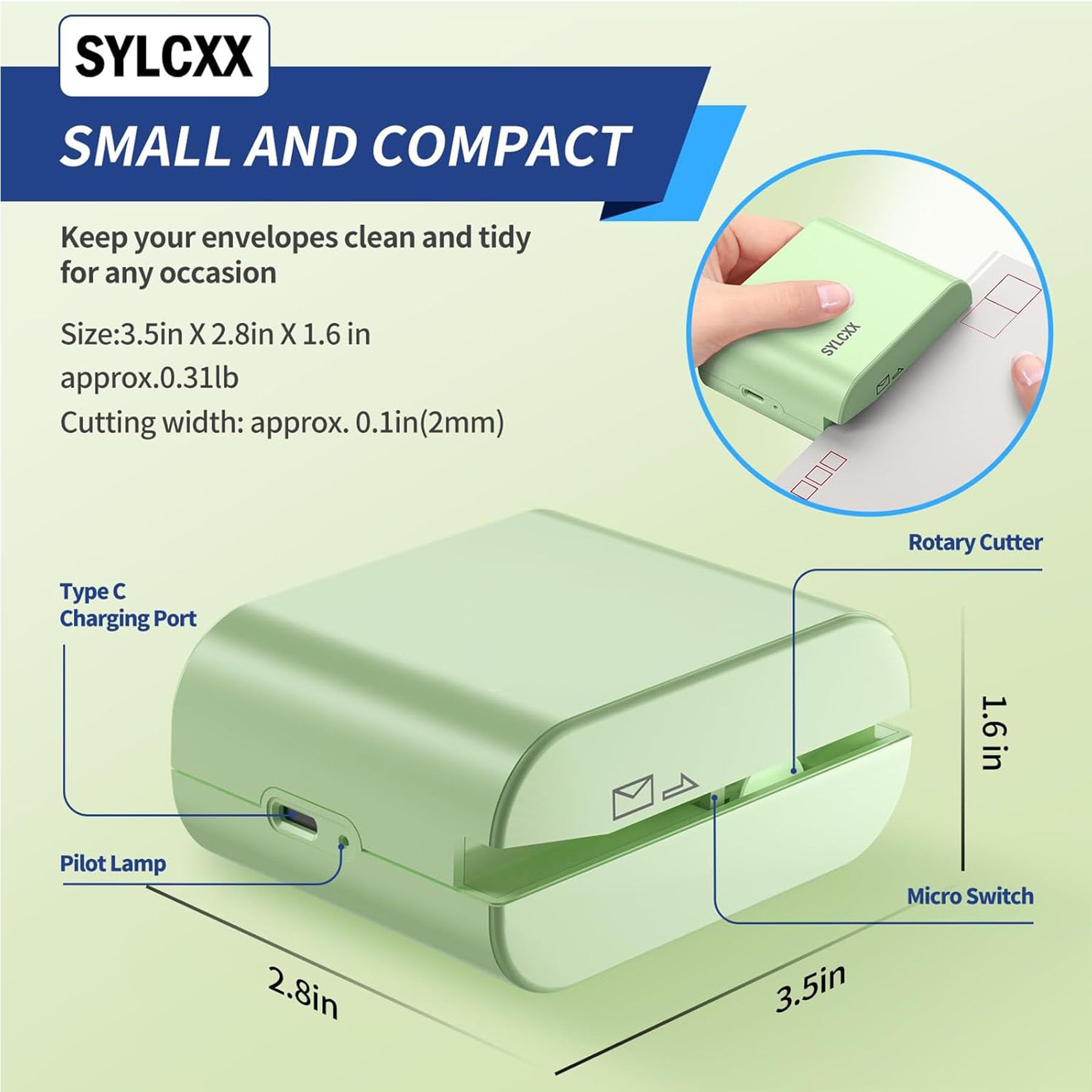 Ouvre-lettres électrique rechargeable avec charge de type C, découpeuse d'enveloppe pour bureau et maison, vert saga, design compact et portable