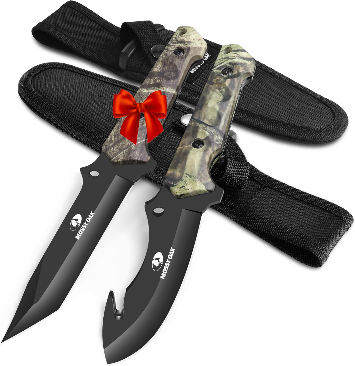 Fixed Blade Hunting Knife Set - 2 Piece, Full Tang Handle Straight Edge and Gut Hook Blades Game Processing Knife, Sheath Included - Green Camo
