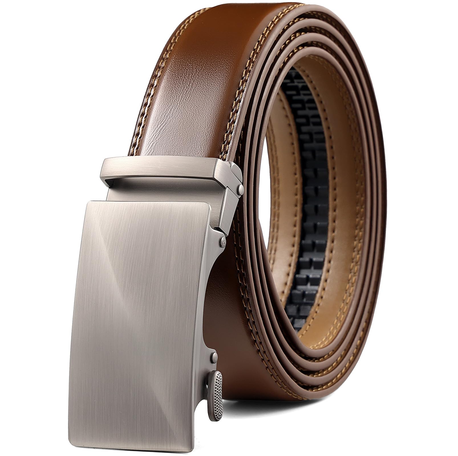 Founders & C Men's Ratchet Belt 1 3/8",Leather Dress Belt Adjustable with Click Sliding Buckle Trim to Exact Fit, Brown, 28-42W