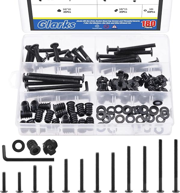 Glarks 181Pcs M6x30/40/50/60/70/80mm Lit de bébé noir Vis de lit Kit d'assortiment Bouchons de bonnet hexagonale avec T-Nuts, rondelles plates, inserts filetés et clé Allen pour le matériel de meubles en bois