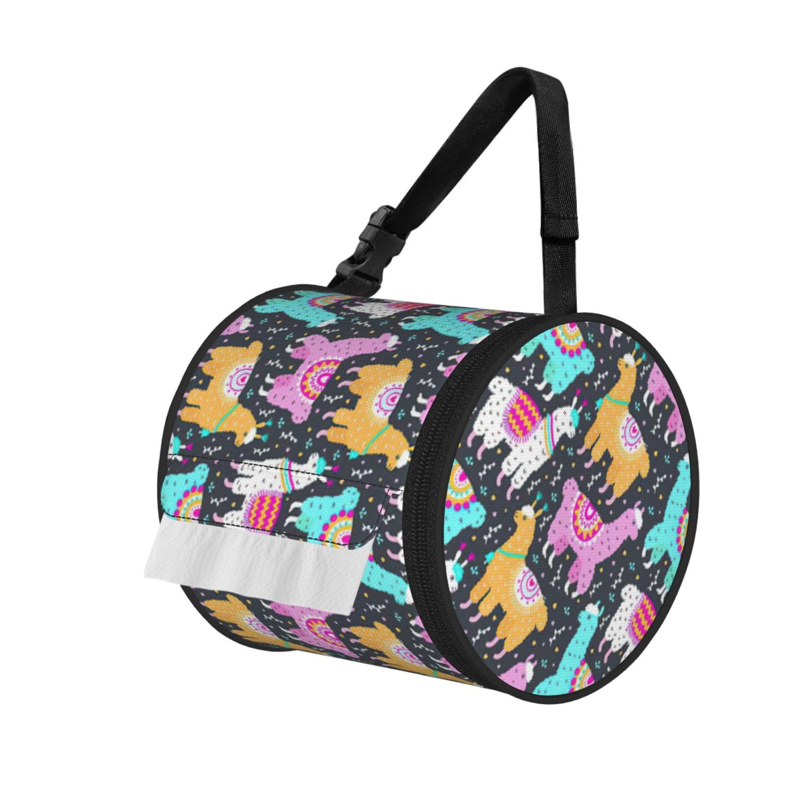Indian Alpaca Print Round Paper Tissue Holder With Shoulder Strap, Portable Roll Case For Caravan Travel Use