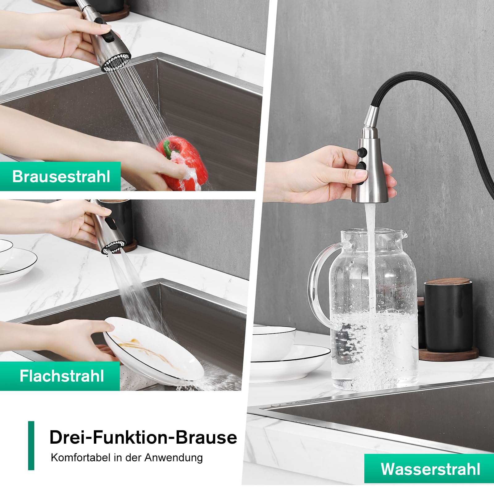 CREA Hoher Bogen Küchenarmatur mit 3 Wasserstrahlarten Brause ausziehbar, Einhebelmischer Hochdruck Armatur Wasserhahn Spültischarmatur Spülenarmatur Küche 360° Drehbar aus Edelstahl gebürstet matt