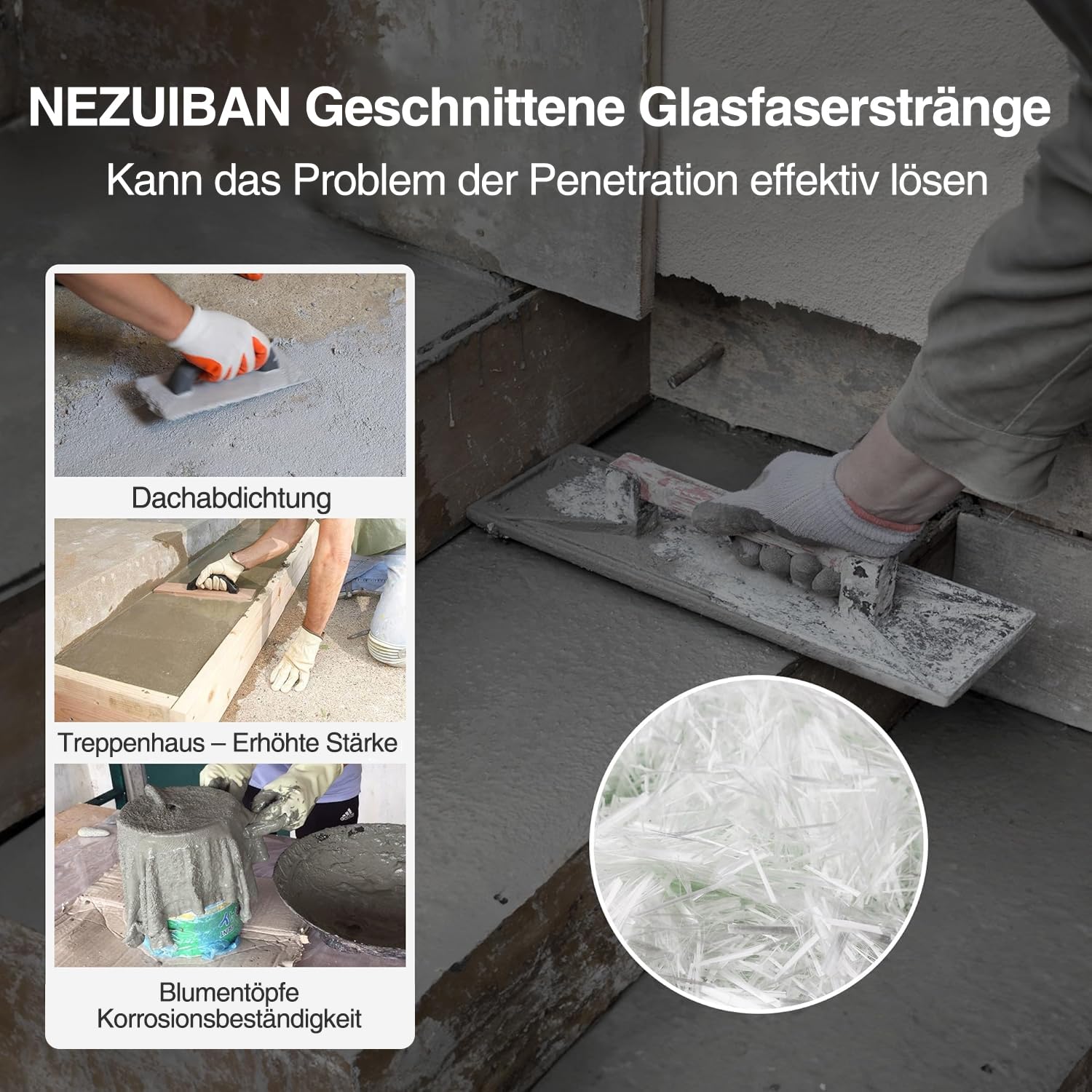 Fibre de verre pour béton, longueur 12 mm, 0,9 kg, fibre de verre AR hachée pour renforcement du mortier de béton et de ciment