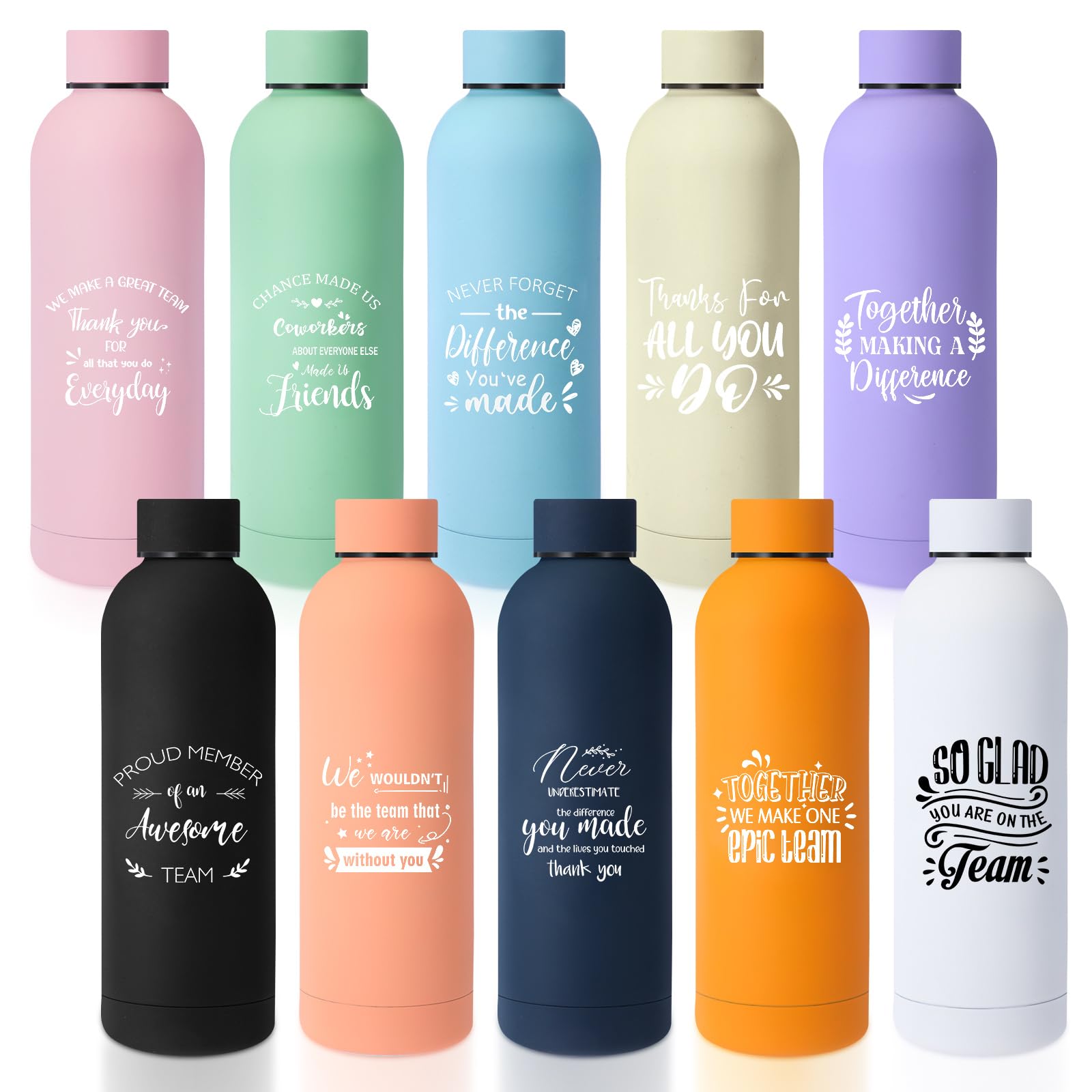 Bokon 10 Pcs Employee Appreciation Gifts Thank You Water Bottle Bulk 17 oz Stainless Steel Frosted Inspirational Team Bottle with Box for Coworker