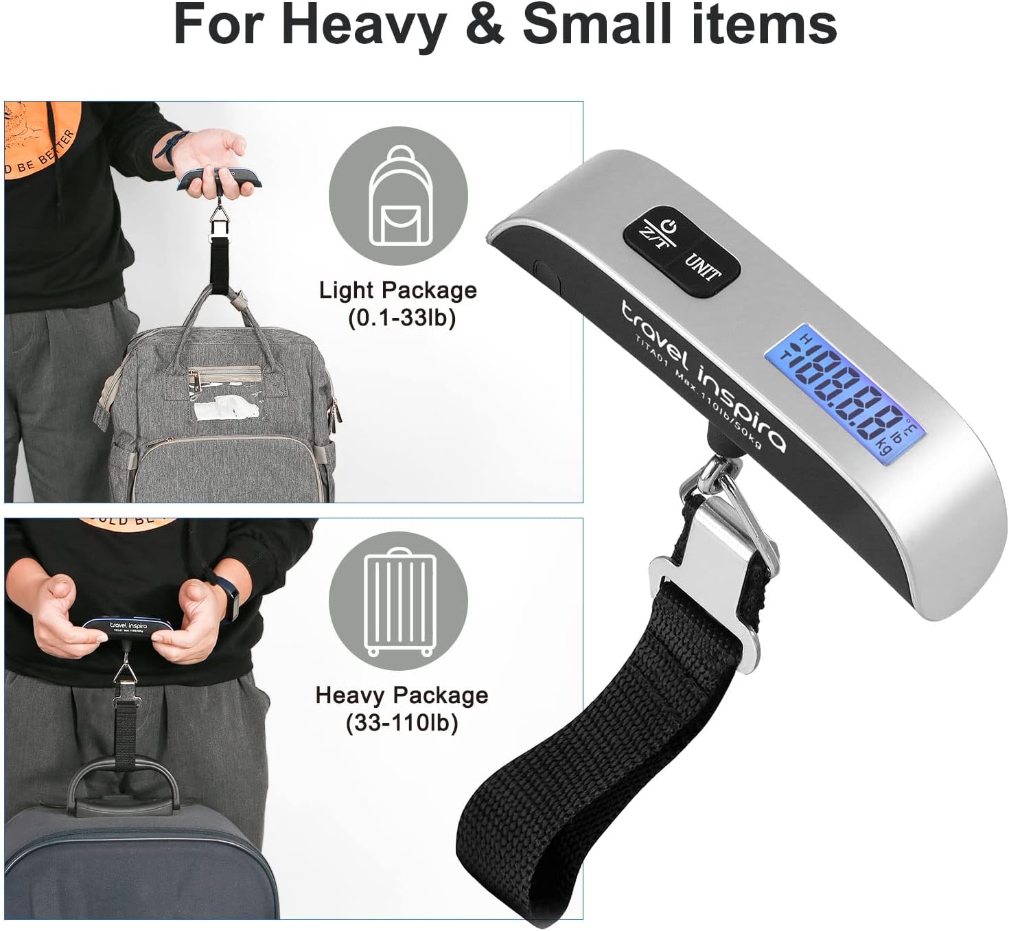Illustrates the versatility of the scale for weighing both light packages (0.1-33lb) and heavy suitcases (33-110lb).