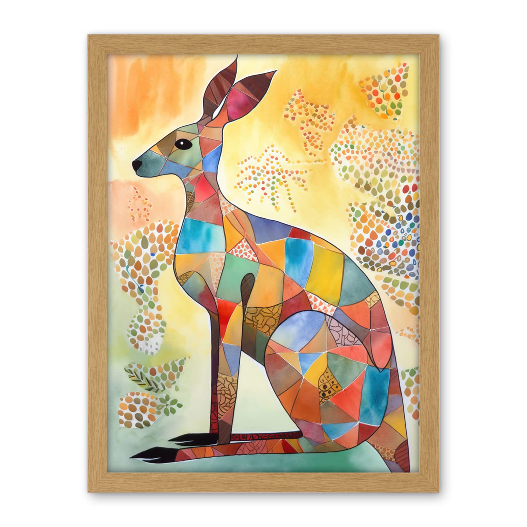 Artery8 Multicoloured Kangaroo Folk Art Watercolour Painting Artwork Framed Wall Art Print 18X24 Inch