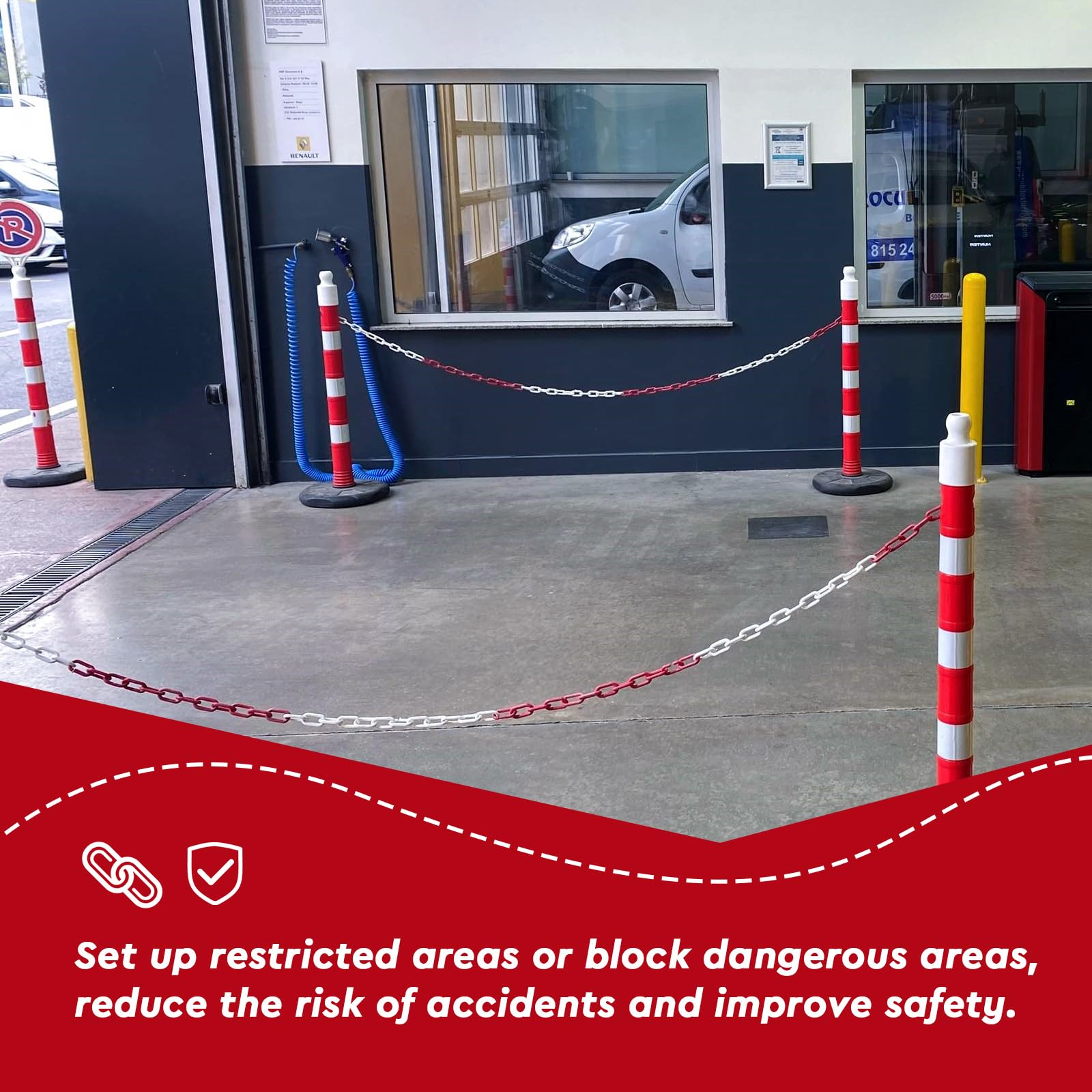 SWAWIS 5m Chaine Métallique Rouge et Blanche en Acier Galvanisé, 5mm d'Épaisseur Chaîne de Barrage avec Mousqueton, Chaîne de Signalisation pour Chantiers Routes Garages