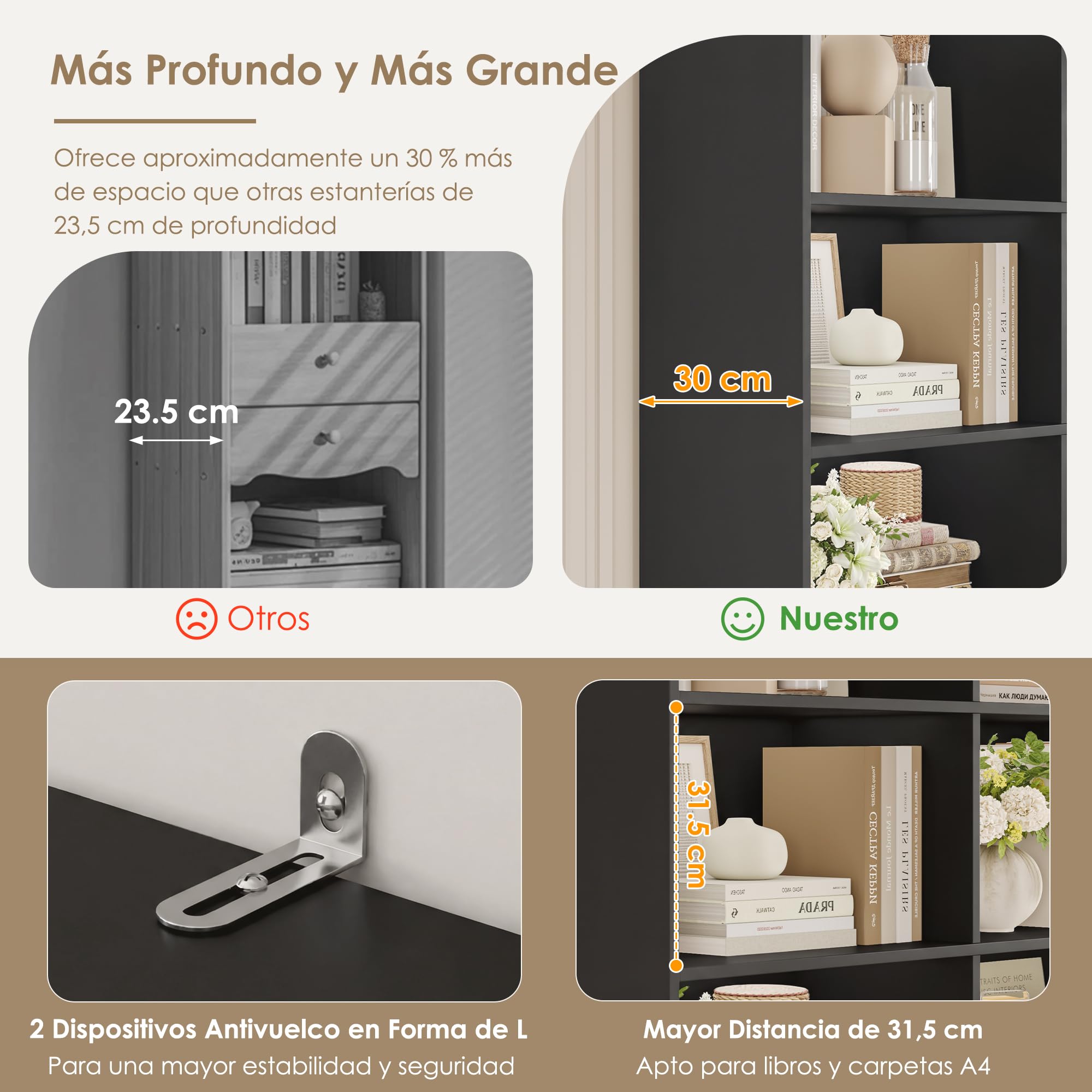 FirFurd 180cm Estantería con 4 Cajones, Estantería Libros, Librería Salon | Libreria Madera con 8 Compartimentos, Mueble Almacenaje para Oficina, Salón, Estudio, Grande y Alta, Negro, 100x30x180cm