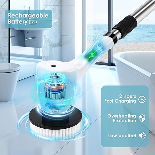 Miniatura 2 de MEYFROX - Cepillo de limpieza inalámbrico con mango de extensión ajustable y 7 cabezales de cepillo reemplazables limpiador de ducha eléctrico para