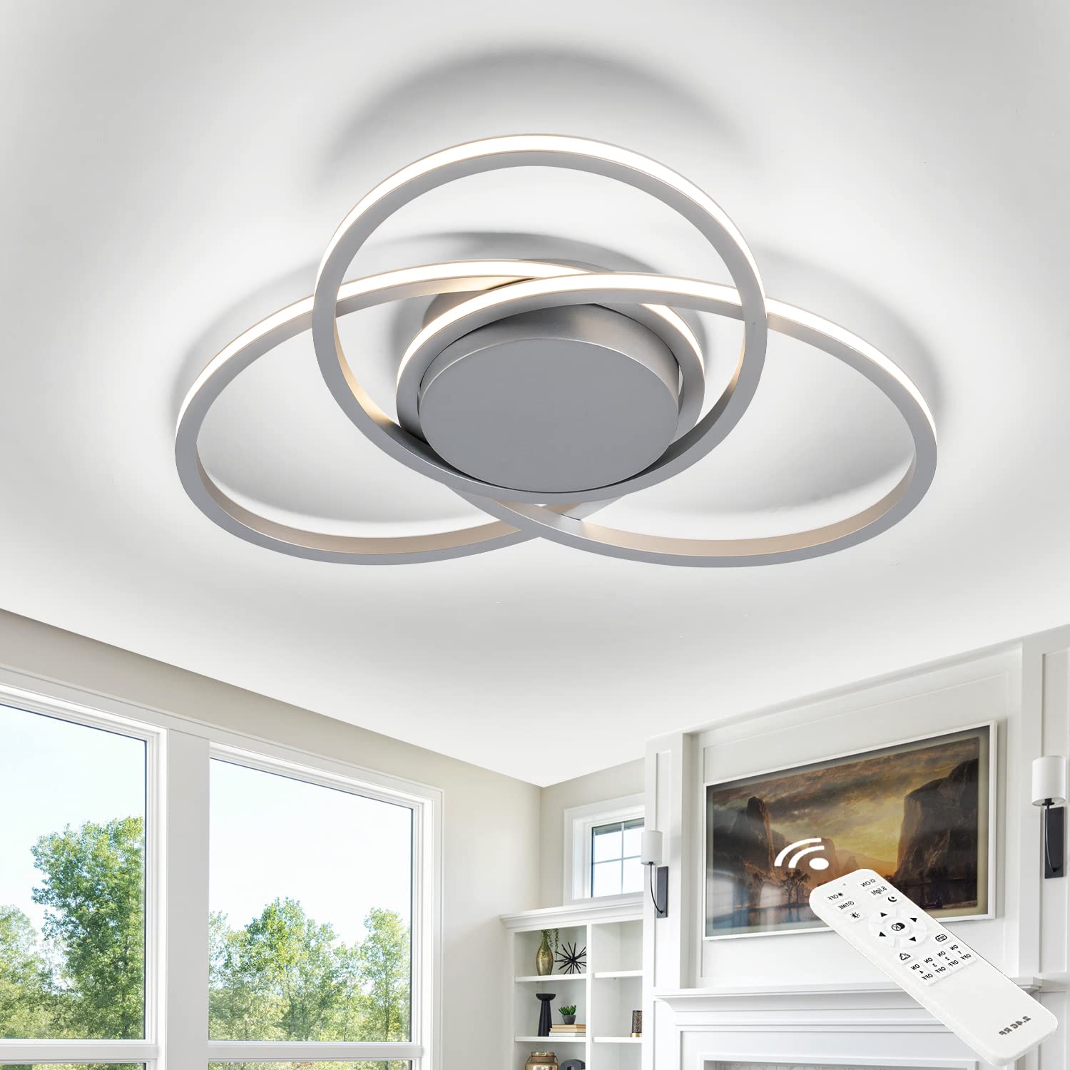 MADEM Modern LED Ceiling Light 23.6'' Dimmable LED Chandelier 3040LM 38W Flush Mount Ceiling Light 3 Rings Ceiling Lamp Fixture for Bedroom Dining Room Living Room, Remote Control,Silver