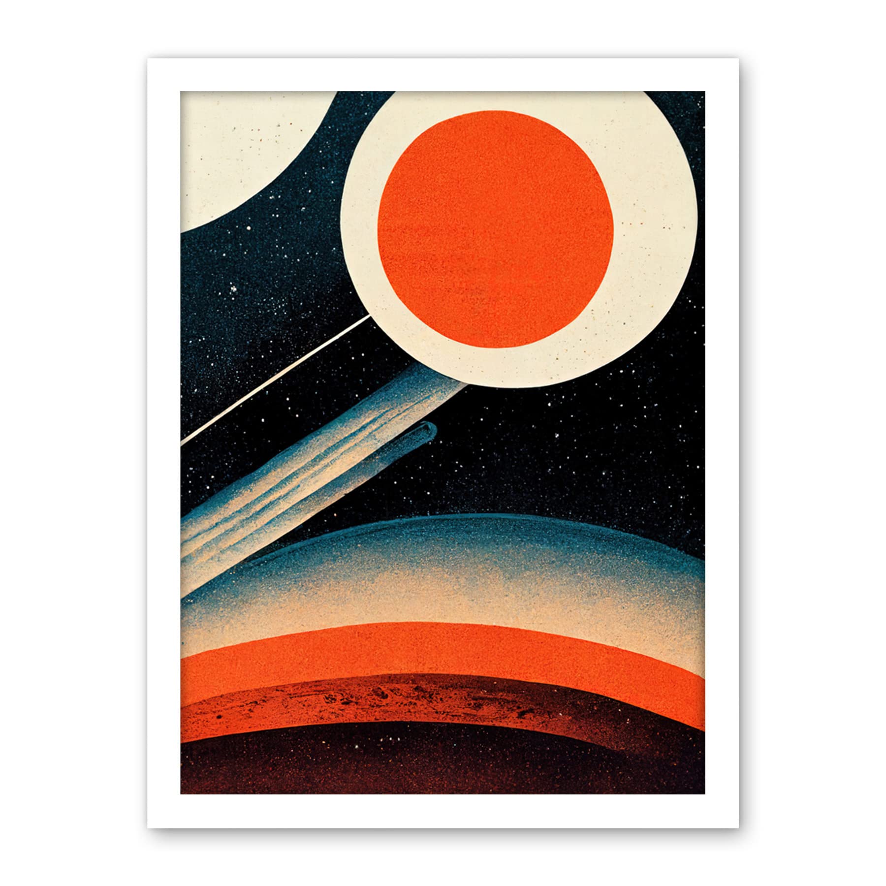 Wee Blue Coo Retro Boho Space Starscape Abstract Mid Century Style Navy Teal Orange Cream Artwork Framed Wall Art Print 18X24 Inch