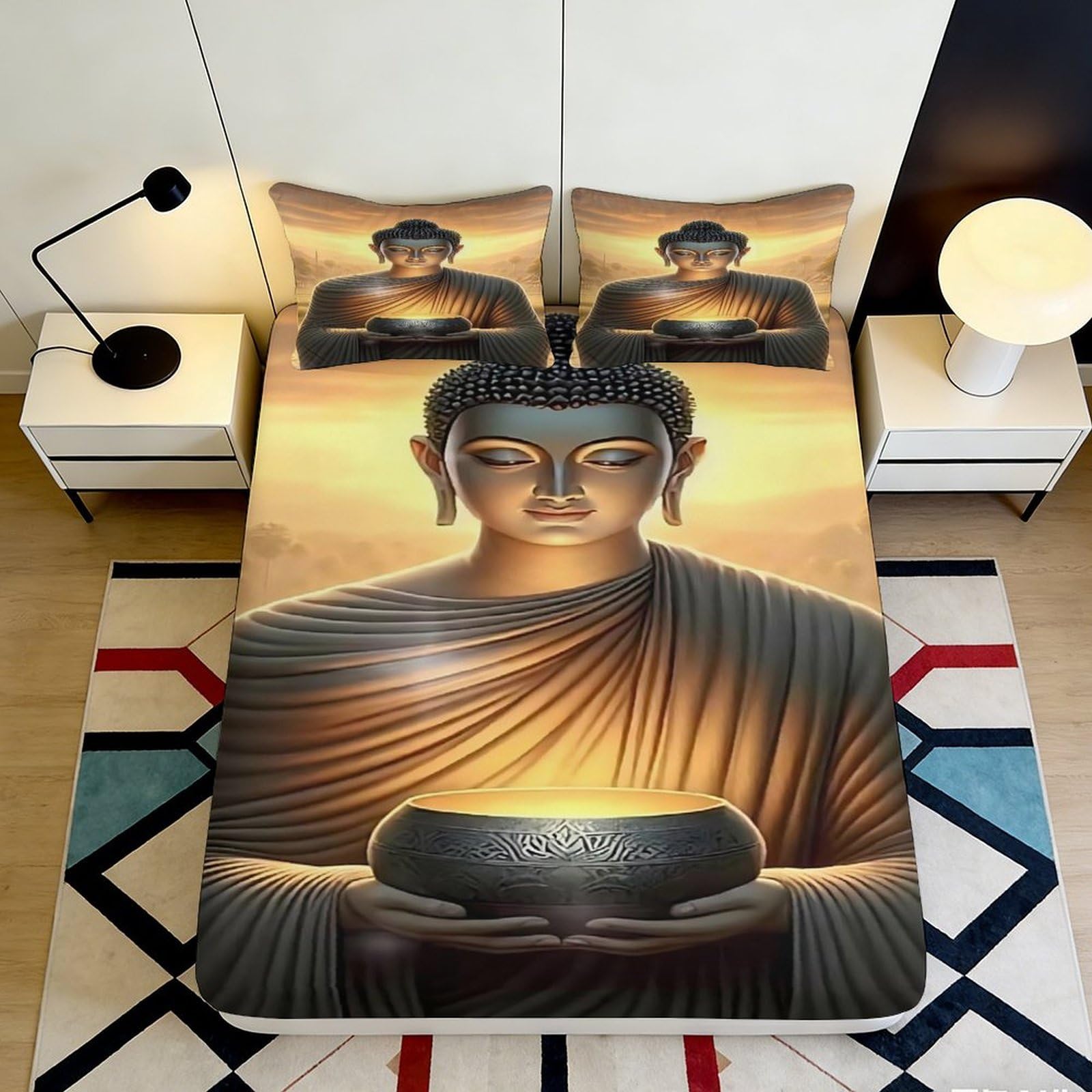 3D Printed Buddha Pattern Fitted Sheet Microfiber Soft Breathable Meditation Bed Cover for Bedroom Dormitory Guest Room Mattress Protection Decor 200x200x25cm