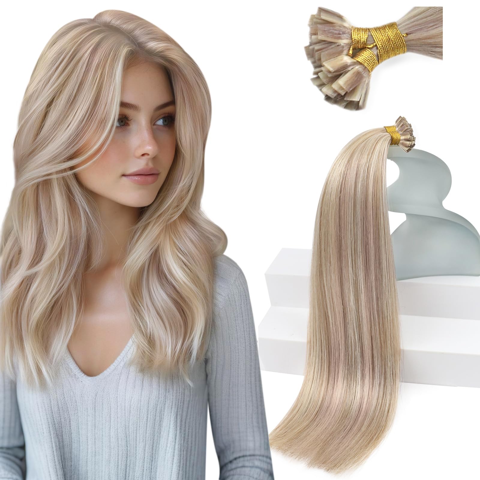 Sunny Hair 16inch Dark Ash Blonde Highlights Blonde #18/613 100 Real Flat Tip Extensions Bonded Keratin Human Extensions for Woman 1G/1S