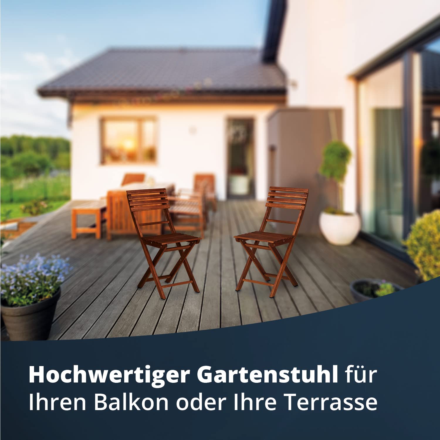 KHG Garten-Klappstuhl 2er Set aus Akazien-Echtholz mit hoher Rückenlehne, Balkonstuhl, wetterfest, klappbar, platzsparend, Outdoor, Dunkelbraun, 120kg belastbar