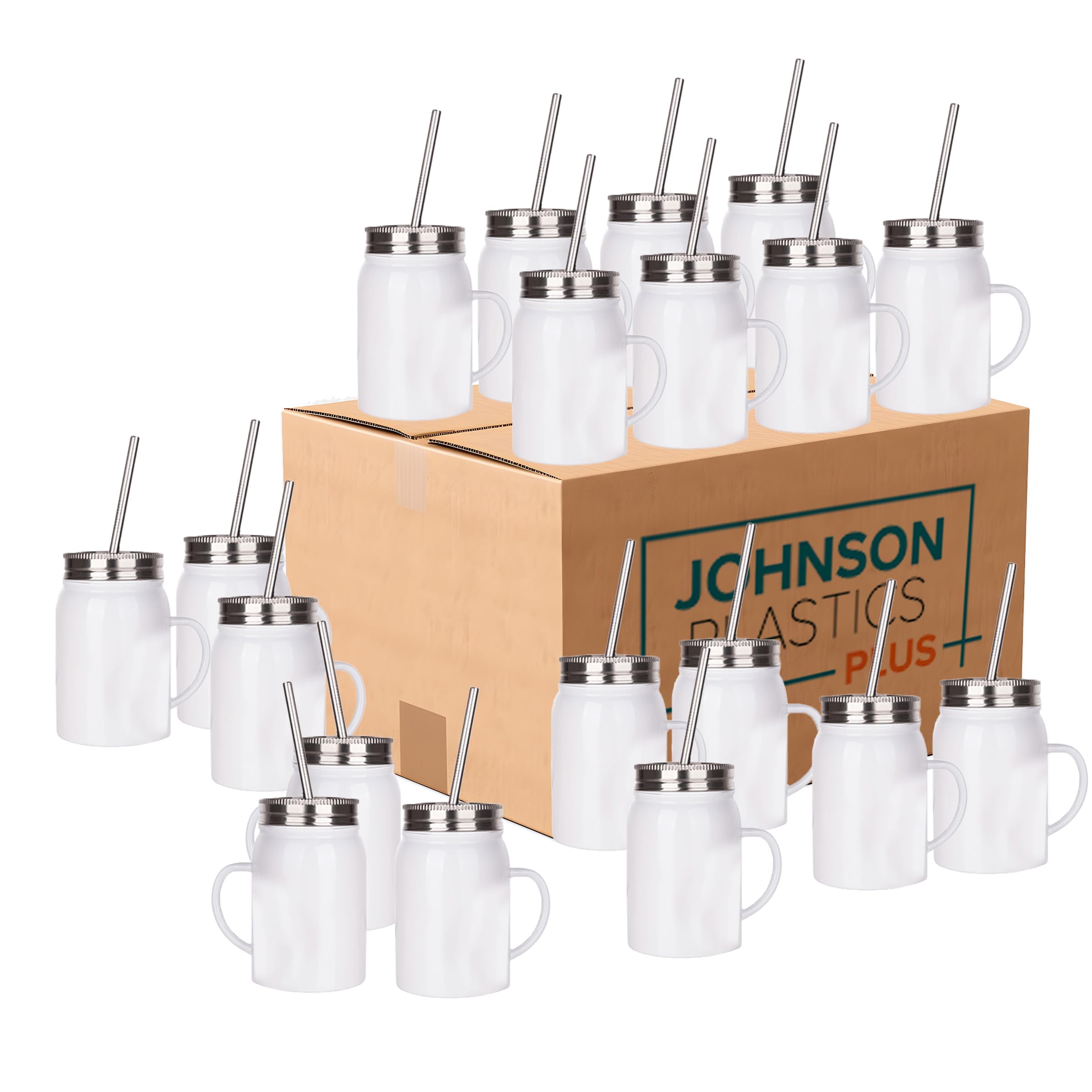 Johnson Plastics Plus JPPlus 17oz Sublimation Drinking Jar Cup Drinkware Stainless Steel Jars with Lids and Straws Perfect