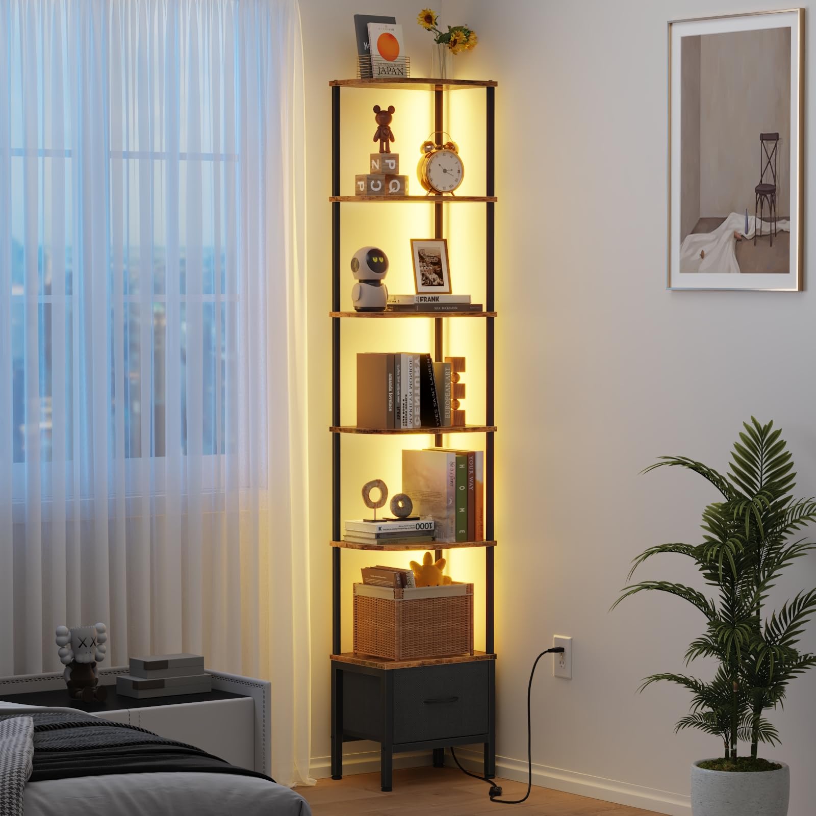 OYRREU Corner Shelf with LED Light & Fabric Drawer - Easy Assembly, 6-Tier Narrow Bookshelf for Small Spaces, Tall Bookcase for Living Room, Bedroom, Dorms & Offices, Retro Brown
