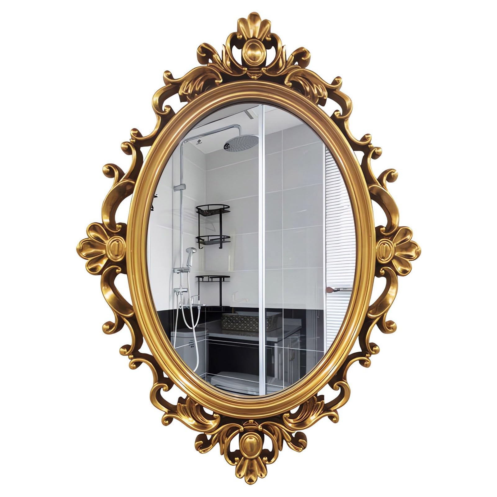 Espejo de Pared Ovalado con Marco de PU de 35 x 26, Espejos Vintage | Colgar en Dormitorio, Salón, Baño, Entrada, Oro Antiguo