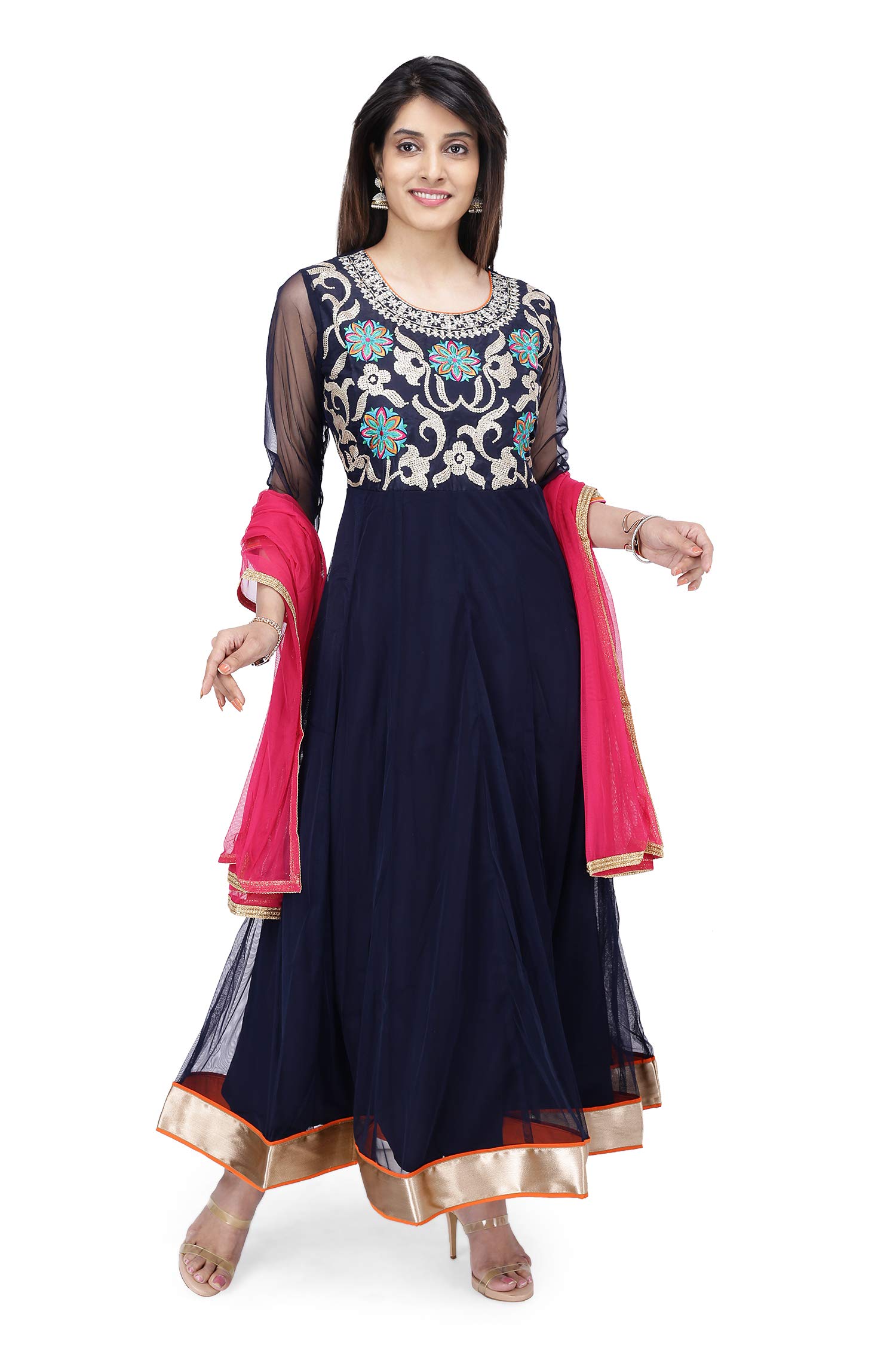 Style Lab Women's Gold Zari Embroidery Anarkali with Duppata & Churidaar