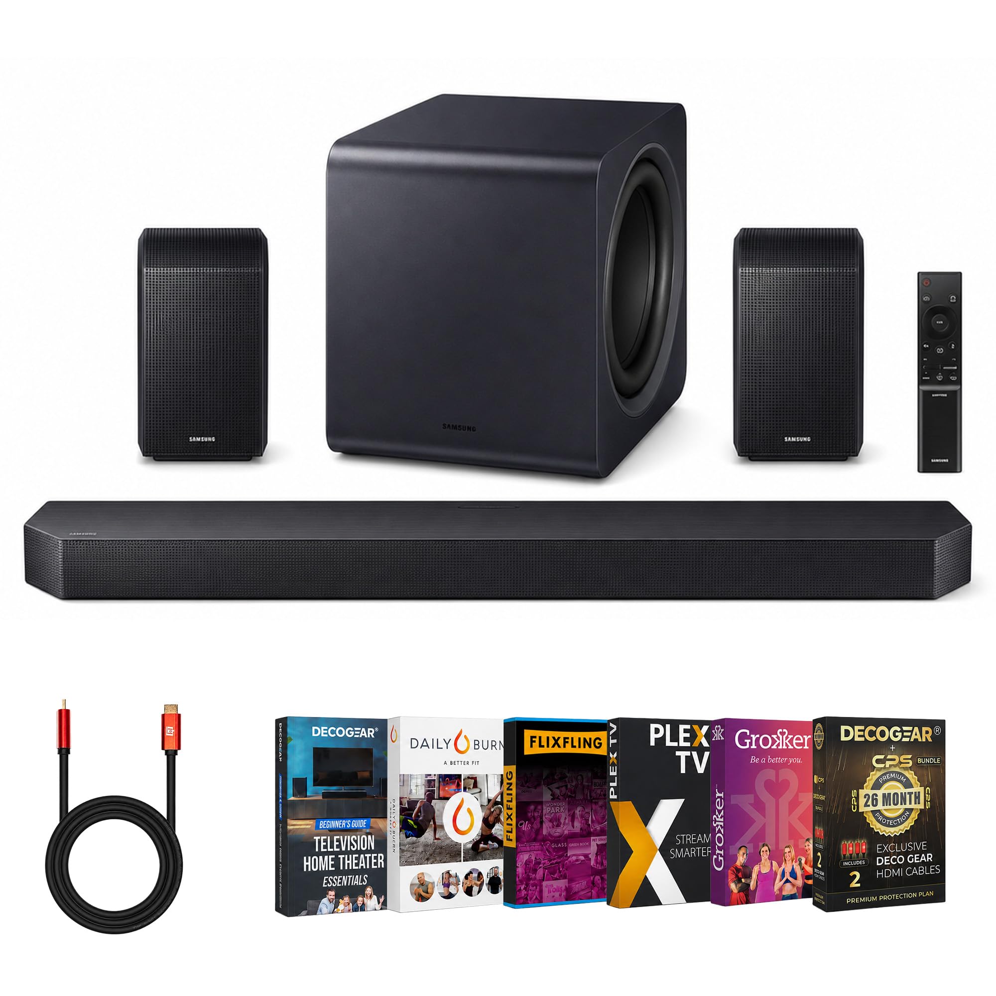 Samsung Q Series Soundbar HW-Q990F 11.1.4 ch Subwoofer + Rear Speaker (2025) Q-Symphony Bundle with CPS Exclusive 26 Month Protection Pack &amp; Deco Gear Complete Home Theater Beginner′s Guidebook