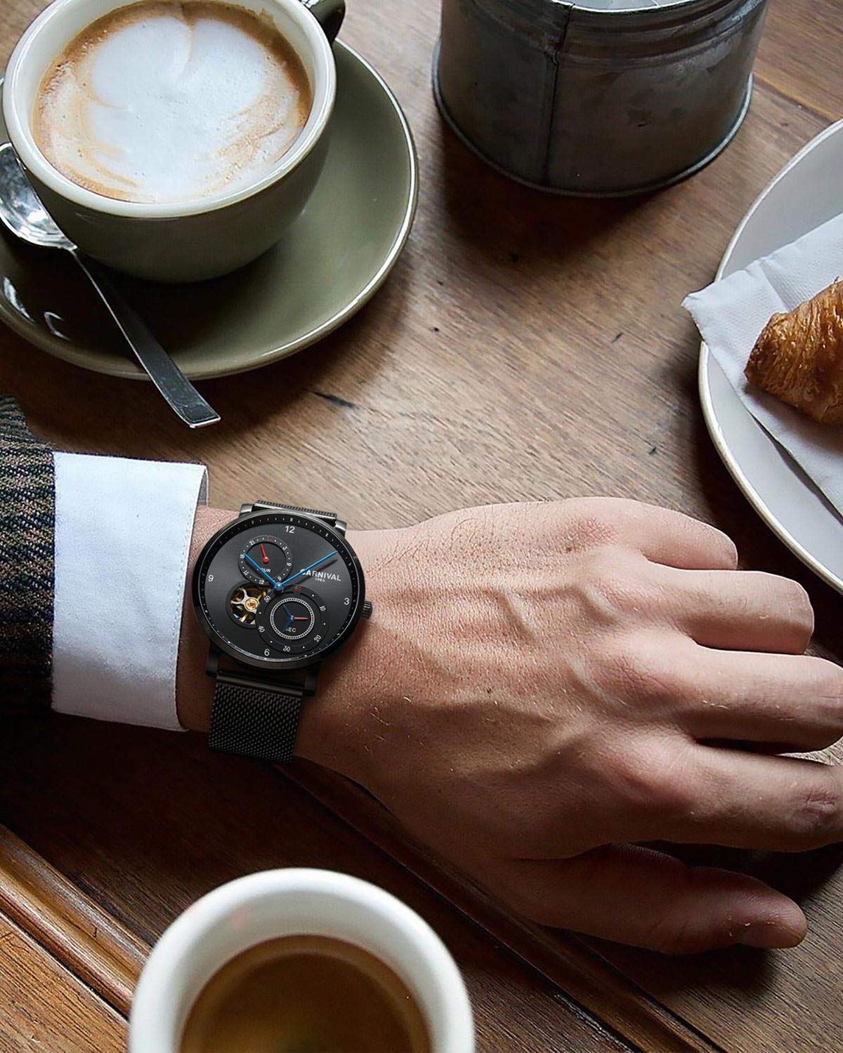 Reloj de pulsera mecánico para hombre, resistente al agua, Tourbillon, correa de malla de acero, reloj de zafiro