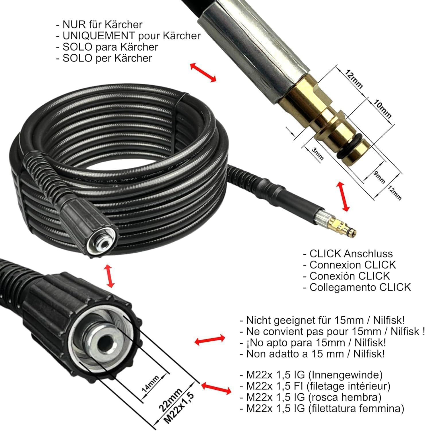 Hochdruckschlauch Premium Qualität für original Kärcher Hochdruckreiniger K2 - K7 / Quick Click auf M22 IG / 2.641-706.0/26417060 / 2641706/2641-7060 - Länge auswählbar (9 Meter)