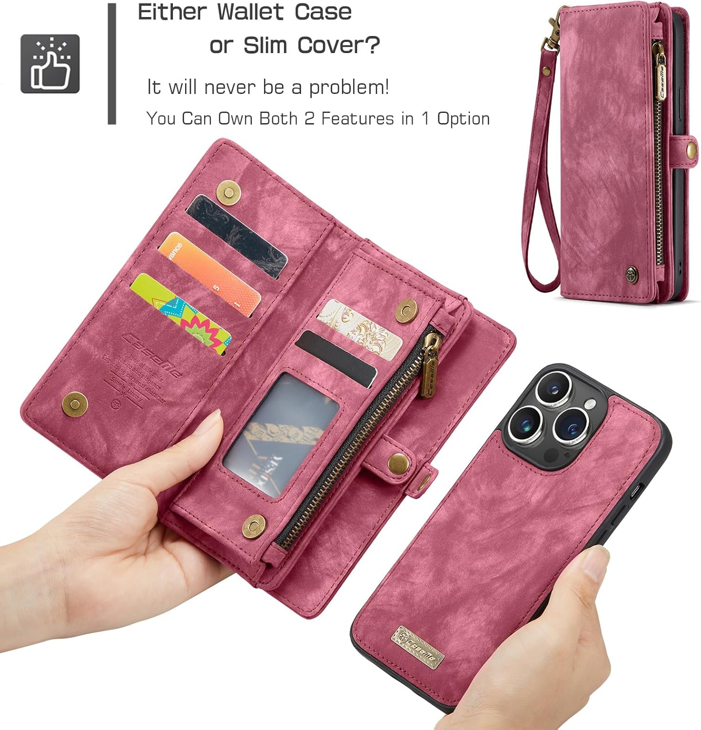 CaseMe Wallet Case for iPhone 15 Pro Max,Multi-Function 2in1 Flip Retro Handmade Durable Leather Zipper Shockproof Case with Card Slots and Detachable Magnetic Back Cover for iPhone 15 Pro Max (Red)