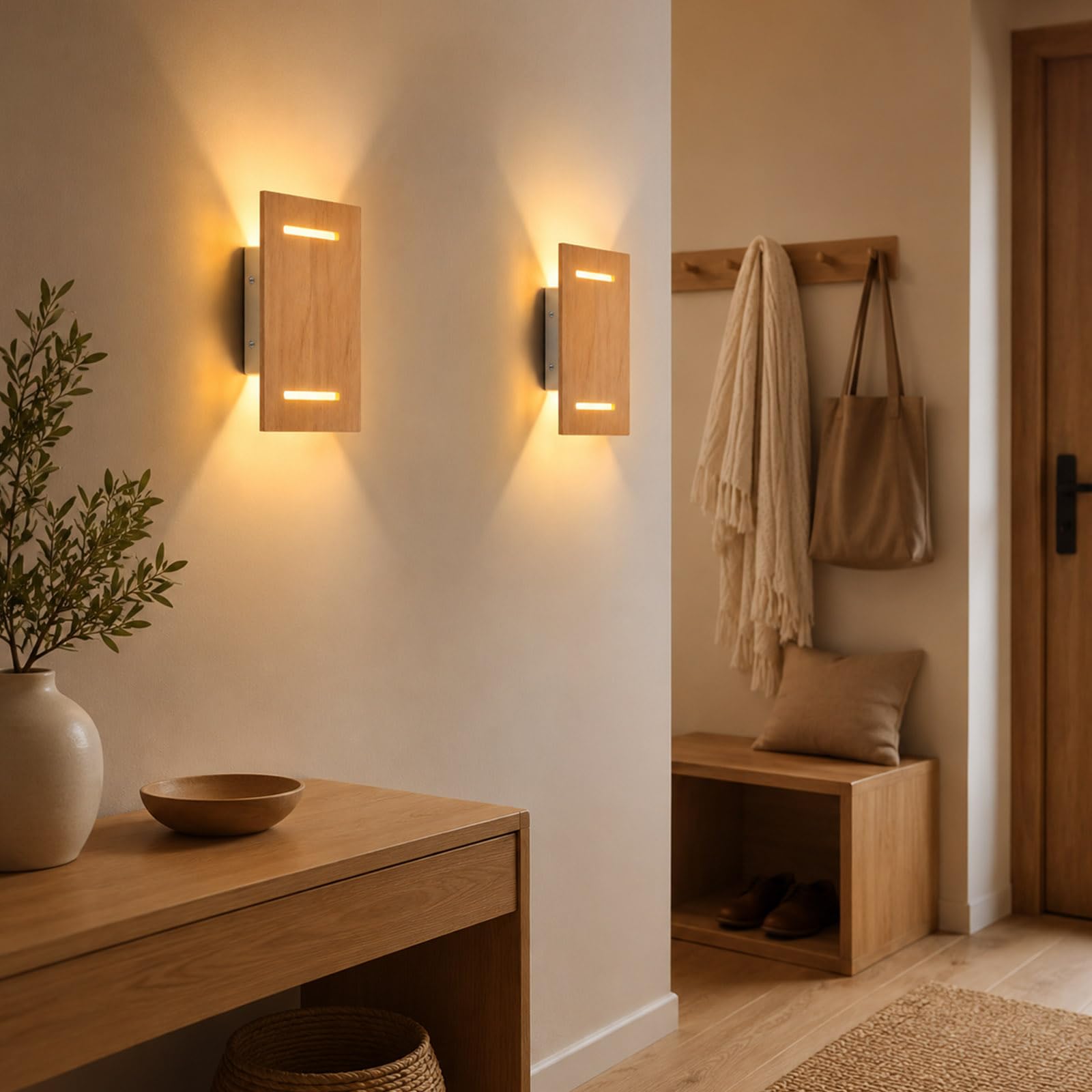 2 pezzi Applique Legno Naturale Moderna Lampada da Parete Interni 7W 3000K