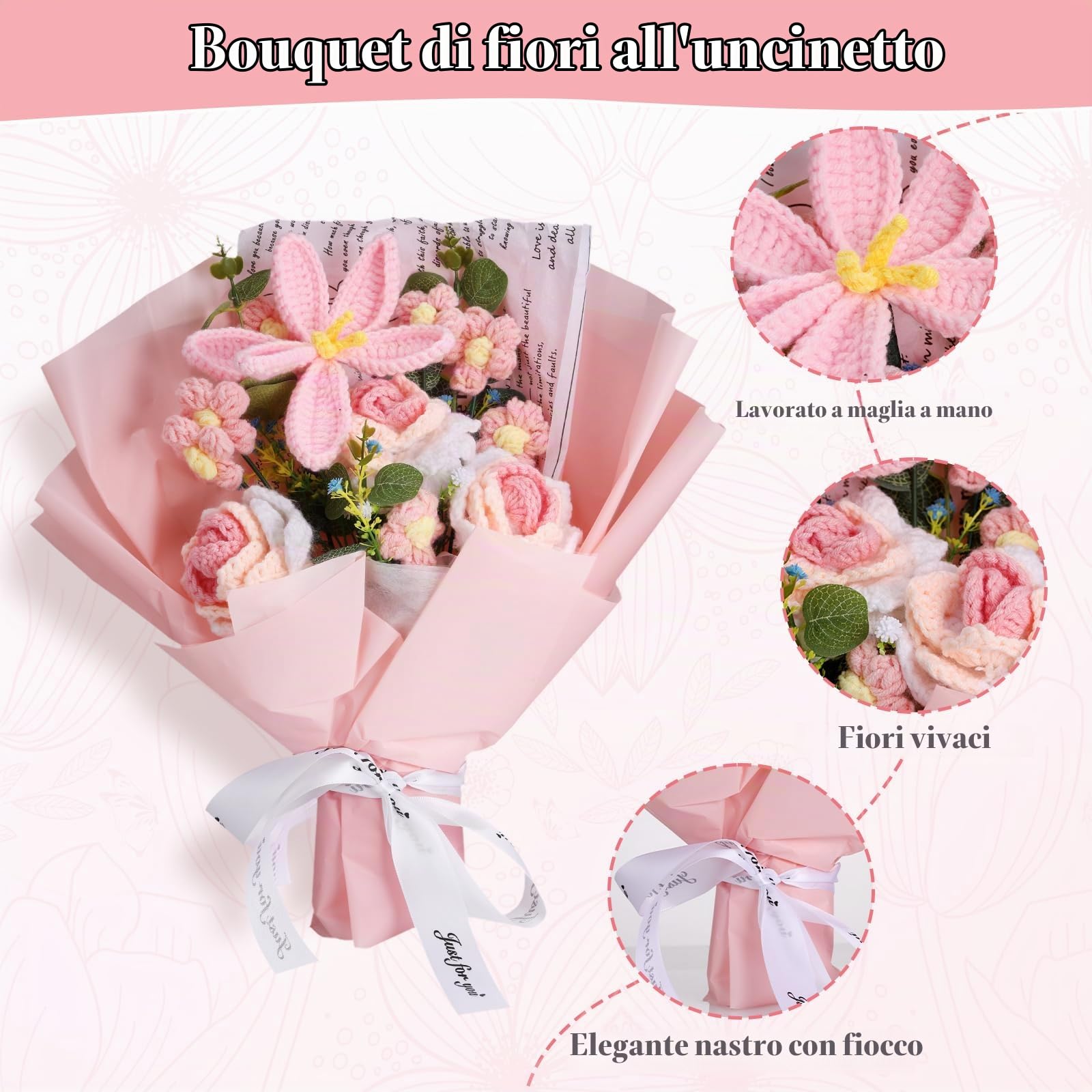 Bouquet Fiori Uncinetto, Fiori Artificiali Adatti come Idee Regalo per Festa della Mamma, Natale, Anniversario, Matrimoni, Compleanni e Decorazioni Domestiche, Completo di Sacchetti Regalo (Tulipano)
