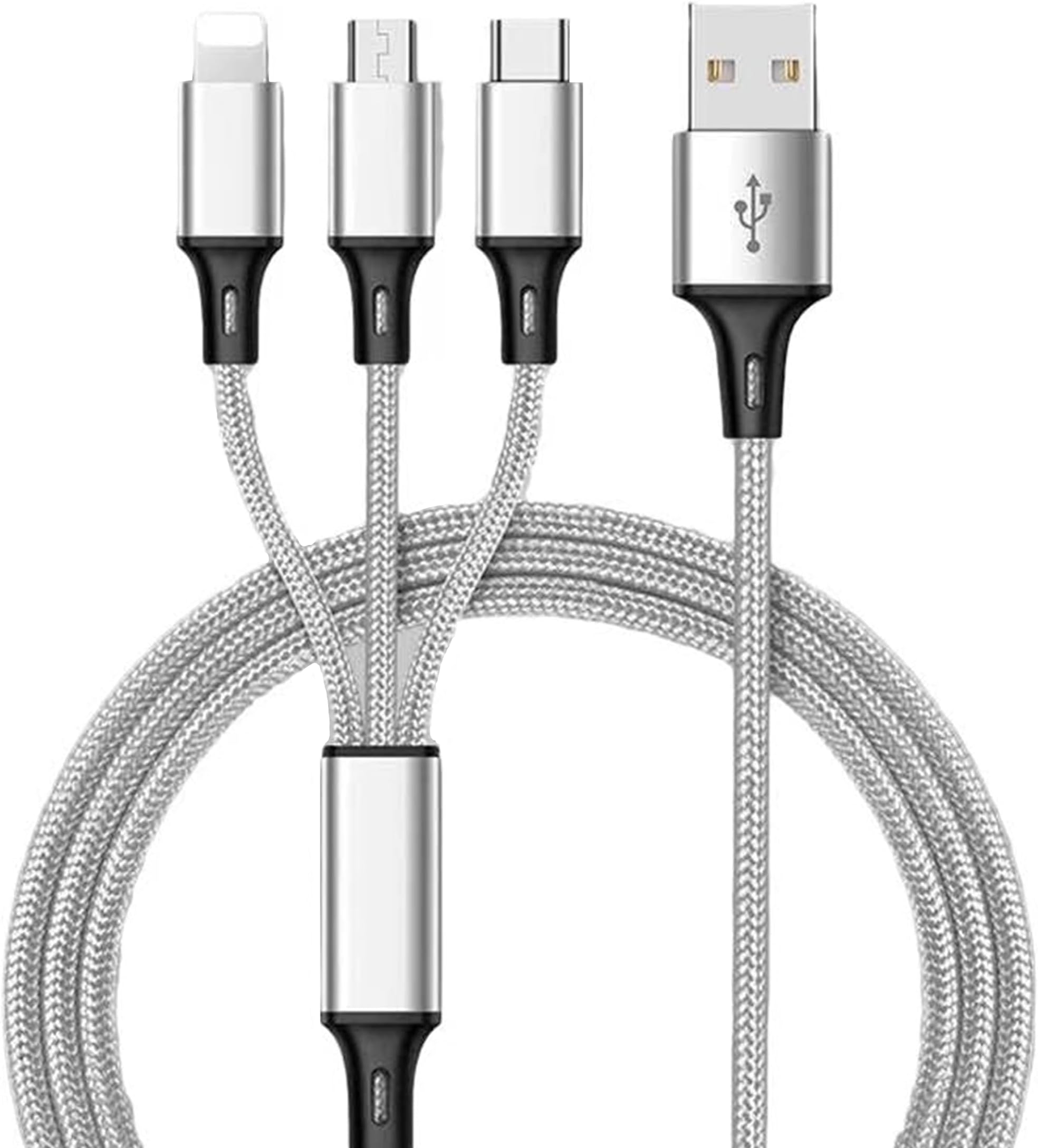 USB Type C Mobile Charging Cable 3 in 1 Fast Car Charging cable for Car with Multiple Charging Ports Length, Type C and USB A Connectors (Silver)