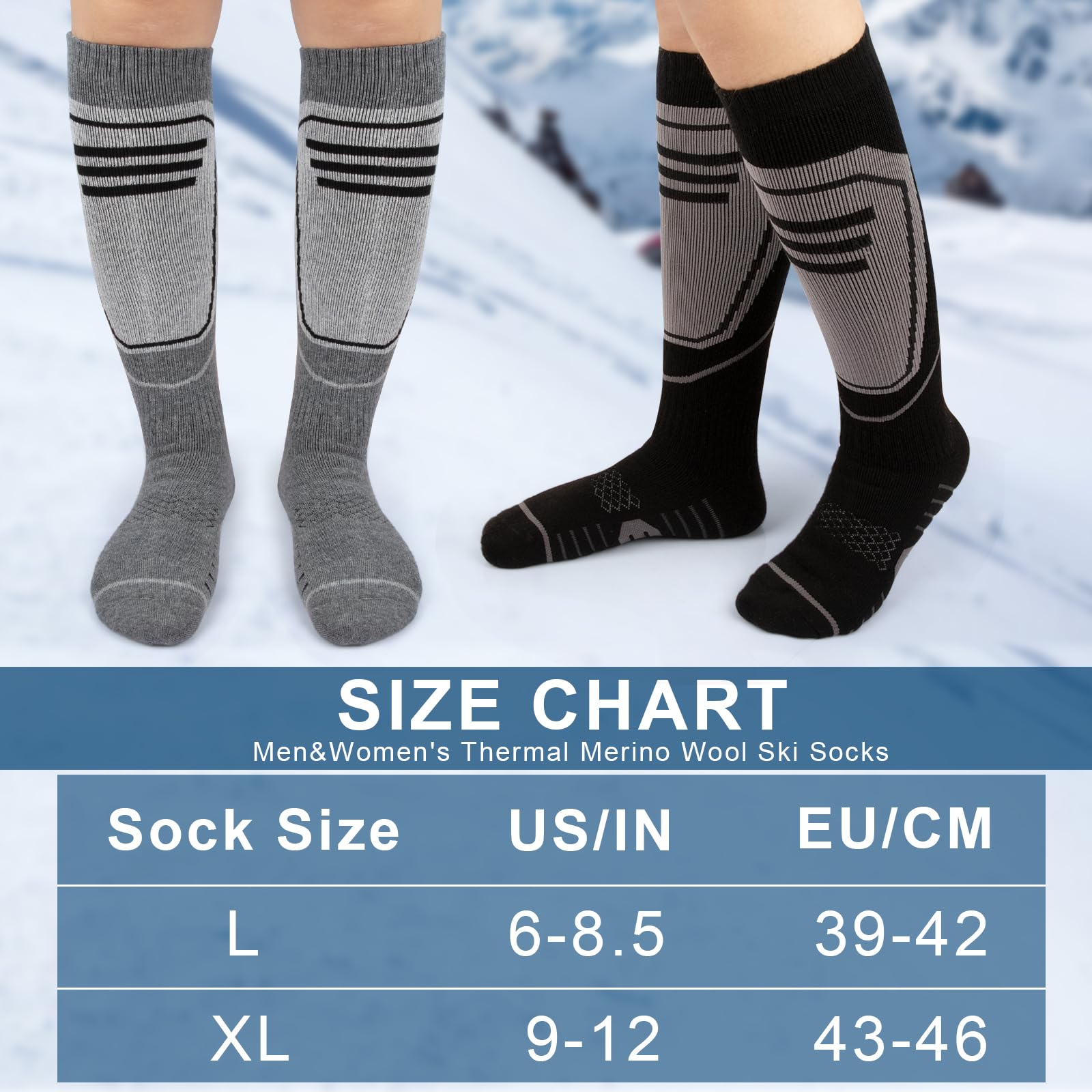 2 Pares Calcetines Esqui Lana Merino, Calcetines de Esquí Hombre y Mujer para Esquiar, Snowboard y Deportes de Invierno al Aire Libre