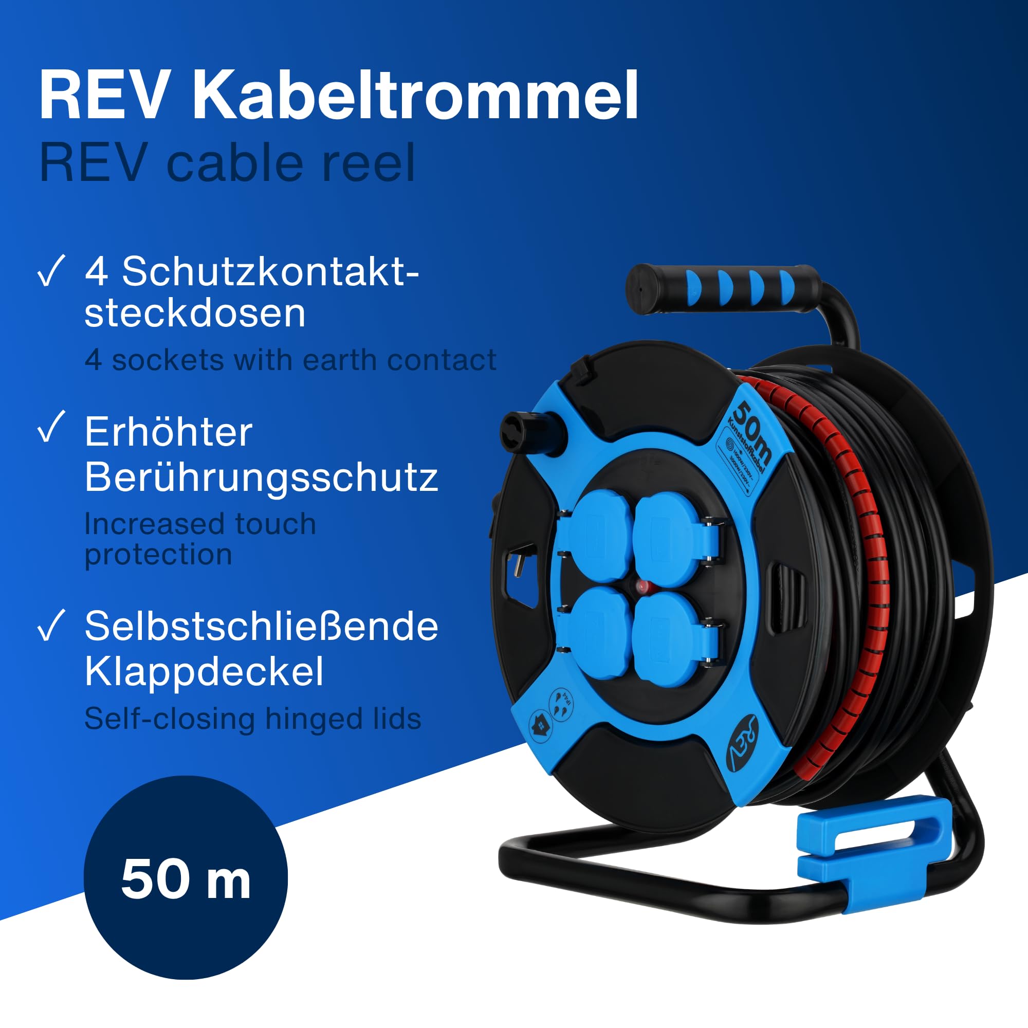 REV Kabeltrommel 50m Outdoor IP44 4 Schutzkontaktsteckdosen blau