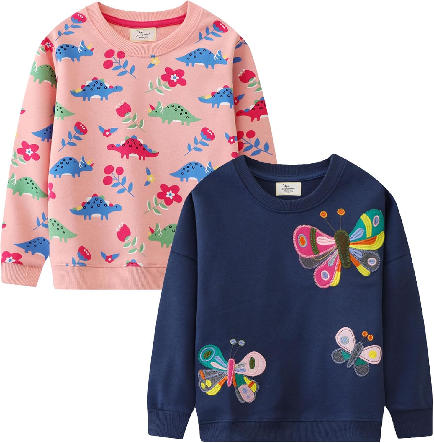 LOKTARC Toddler Girls Crewneck Sweatshirts, 2 Pack Kids Graphic Long Sleeve Shirts Pullover Cotton Tops