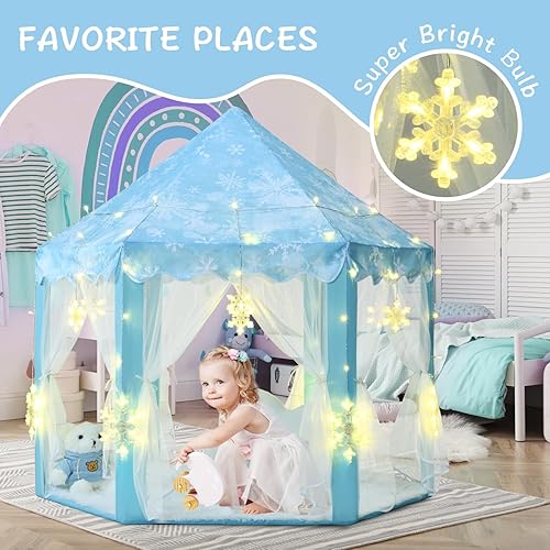 Miniatura 2 de KIXINWA Tienda de campaña de princesa congelada para niñas, tienda de campaña con luces LED grandes de copo de nieve, castillo para niños pequeños,