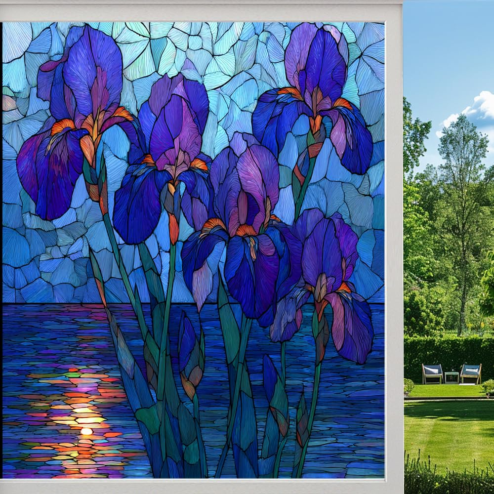 Iris Garden Privacy Window Film, Natural Flower Bouquet Frosted Self-Adhesive Vinyl Cling for Glass Doors Bathroom Windows Sun Blocking Heat Control,（70x120cm）